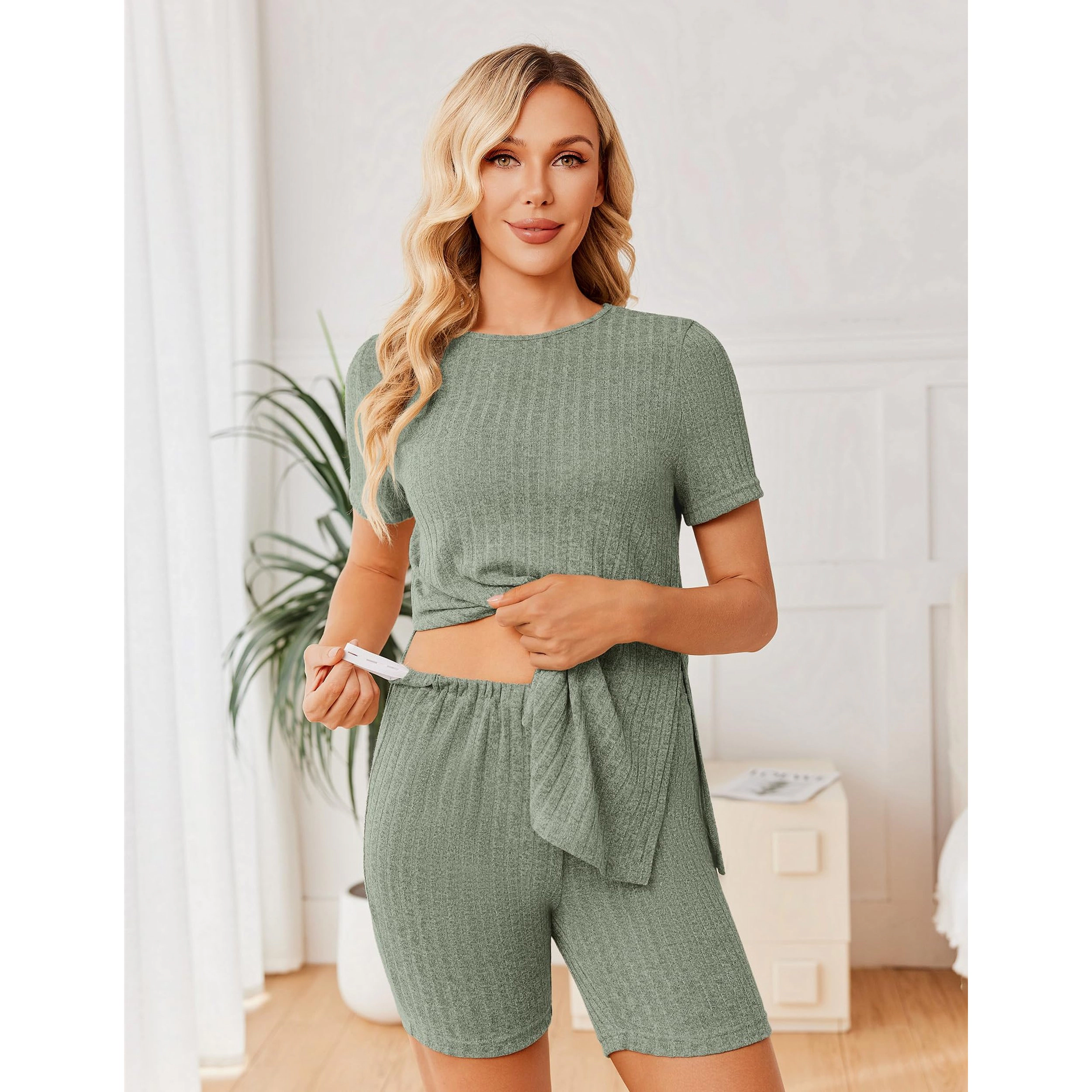 Ekouaer Women's 2 Piece Ribbed Knit Maternity Shirt & Biker Shorts Set