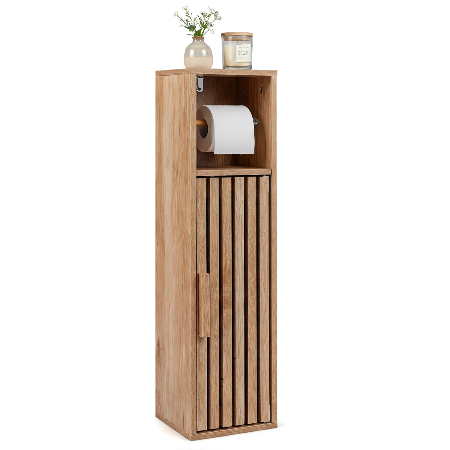 Glintex Slim Toilet Paper Holder Stand with Hidden 2-Tier Cabinet and Slat Door, Natural