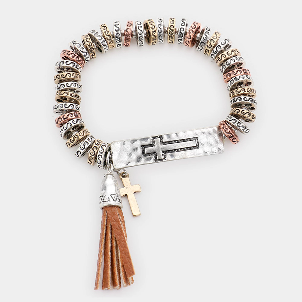 Fashnzfab Embossed Cross Metal Bar Faux Leather Tassel Charm Stretch Bracelet