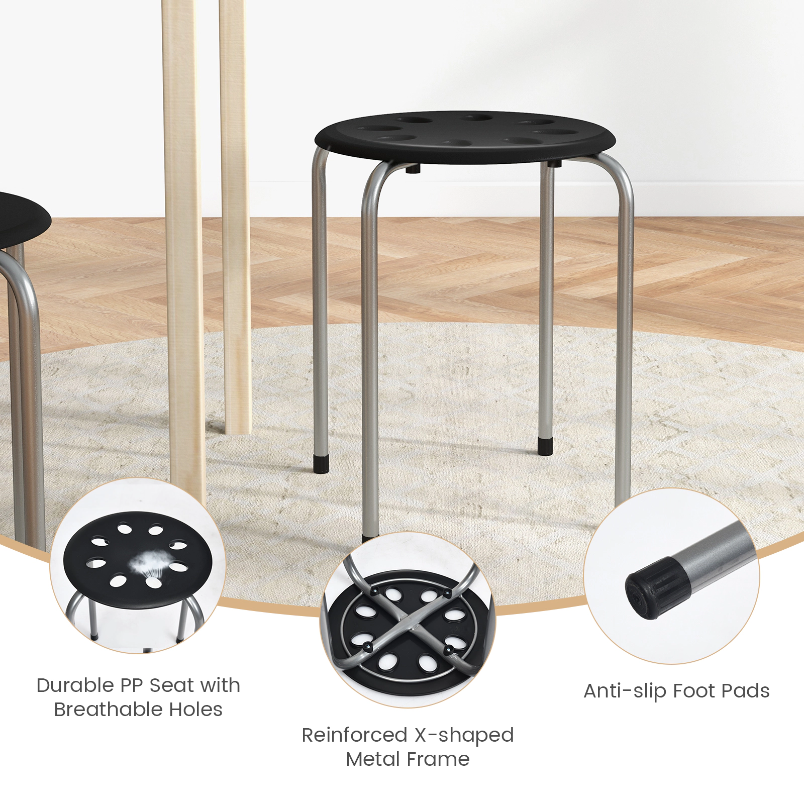 SUGIFT Set of 6 Portable Stackable Plastic Stools 220-Lb Capacity Gray with Steel Frame