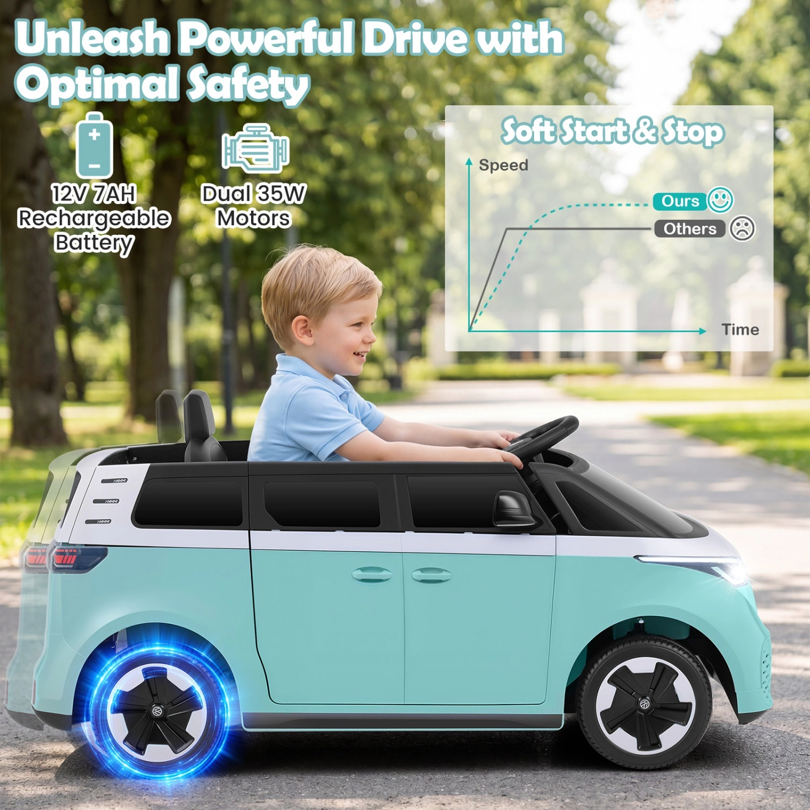 12V Kids Ride On Car Bus with Shift Lever Parent Remote Spring Suspension and LED Headlights for Ages 3-7 Electric Car