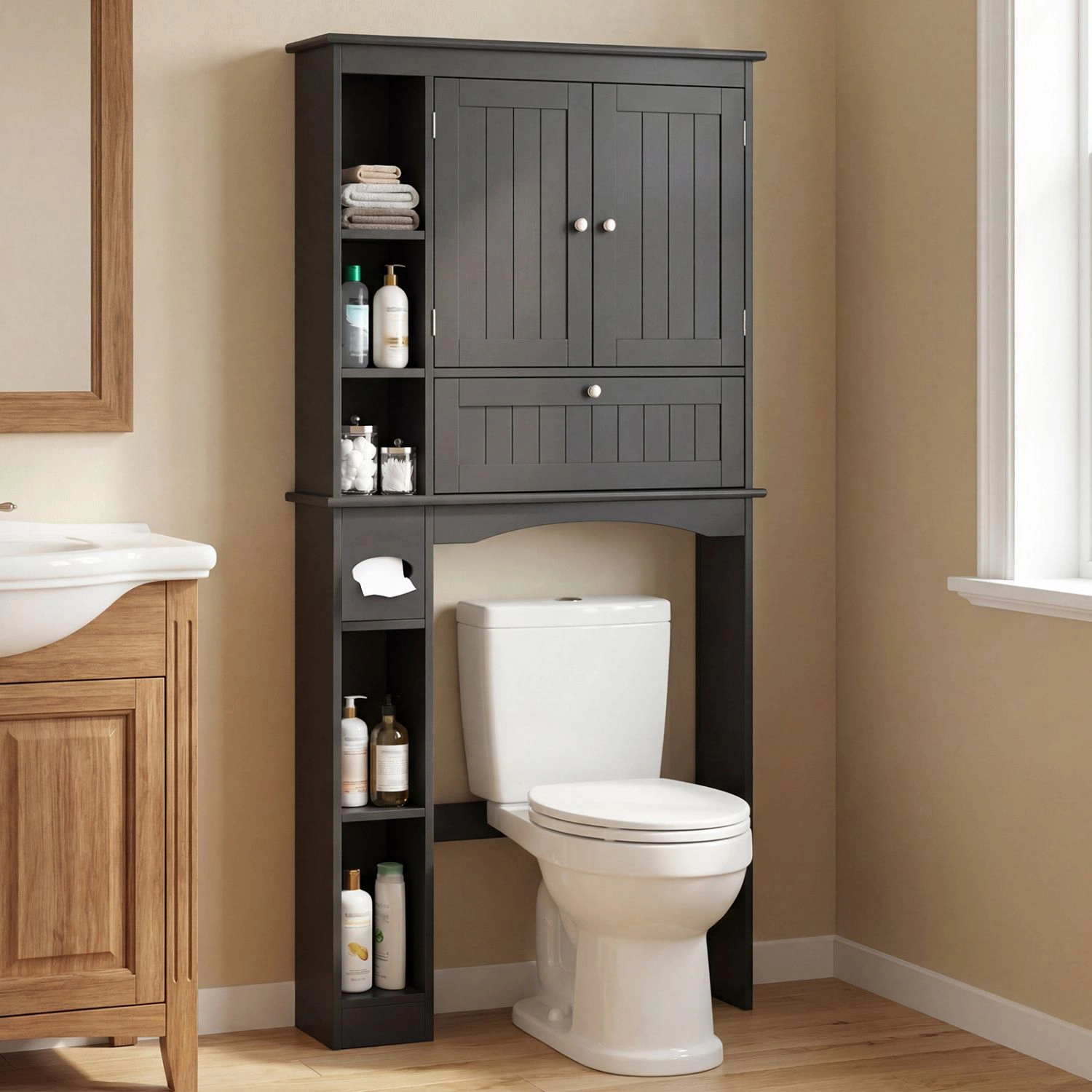 SlickBlue Bathroom Space Saver Organizer with Cabinet and Open Shelves