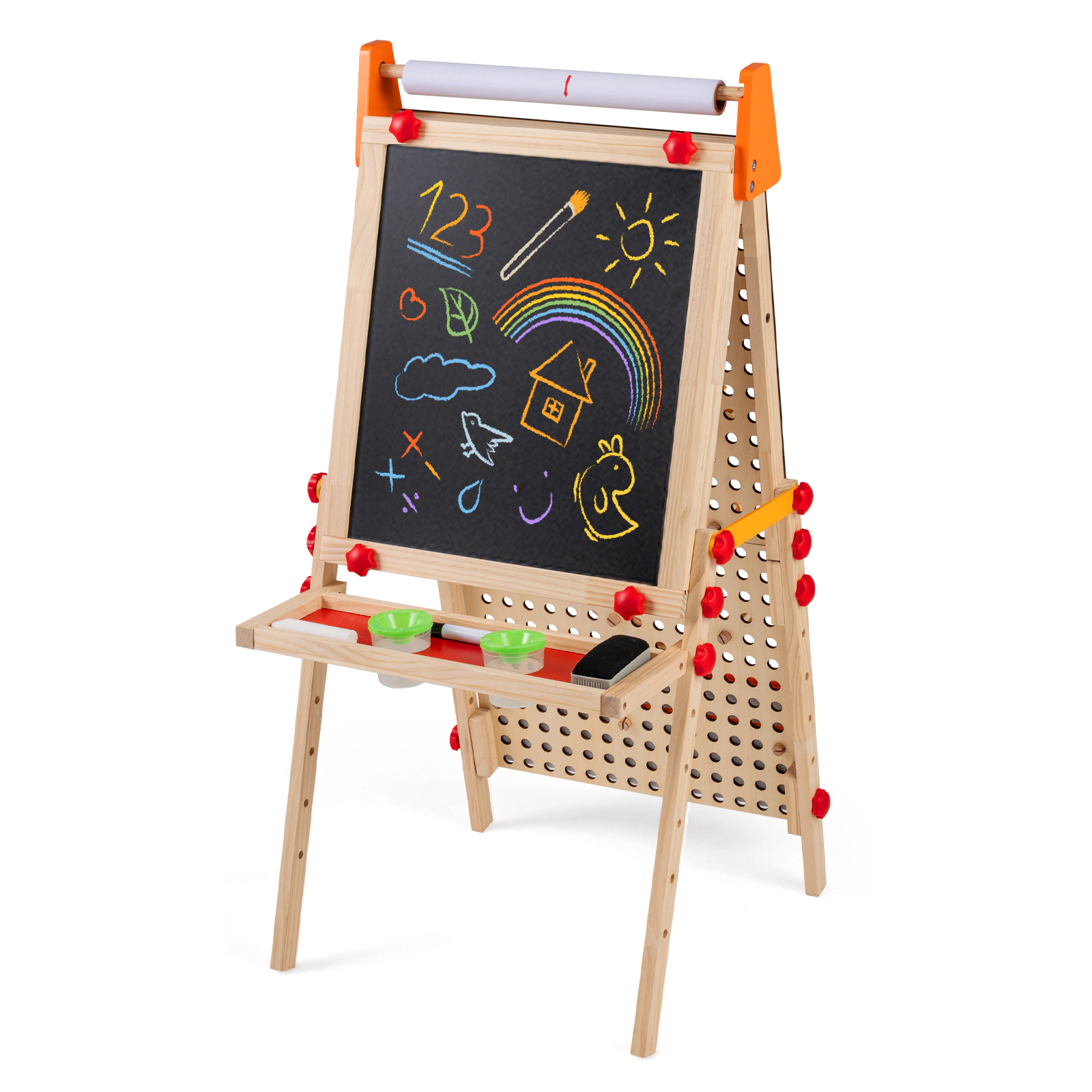 SUGIFT 4-in-1 Wooden Kids Art Easel Double-Sided Foldable with Paper Roll Storage Tray and Marble Run Ages 3+ Natural