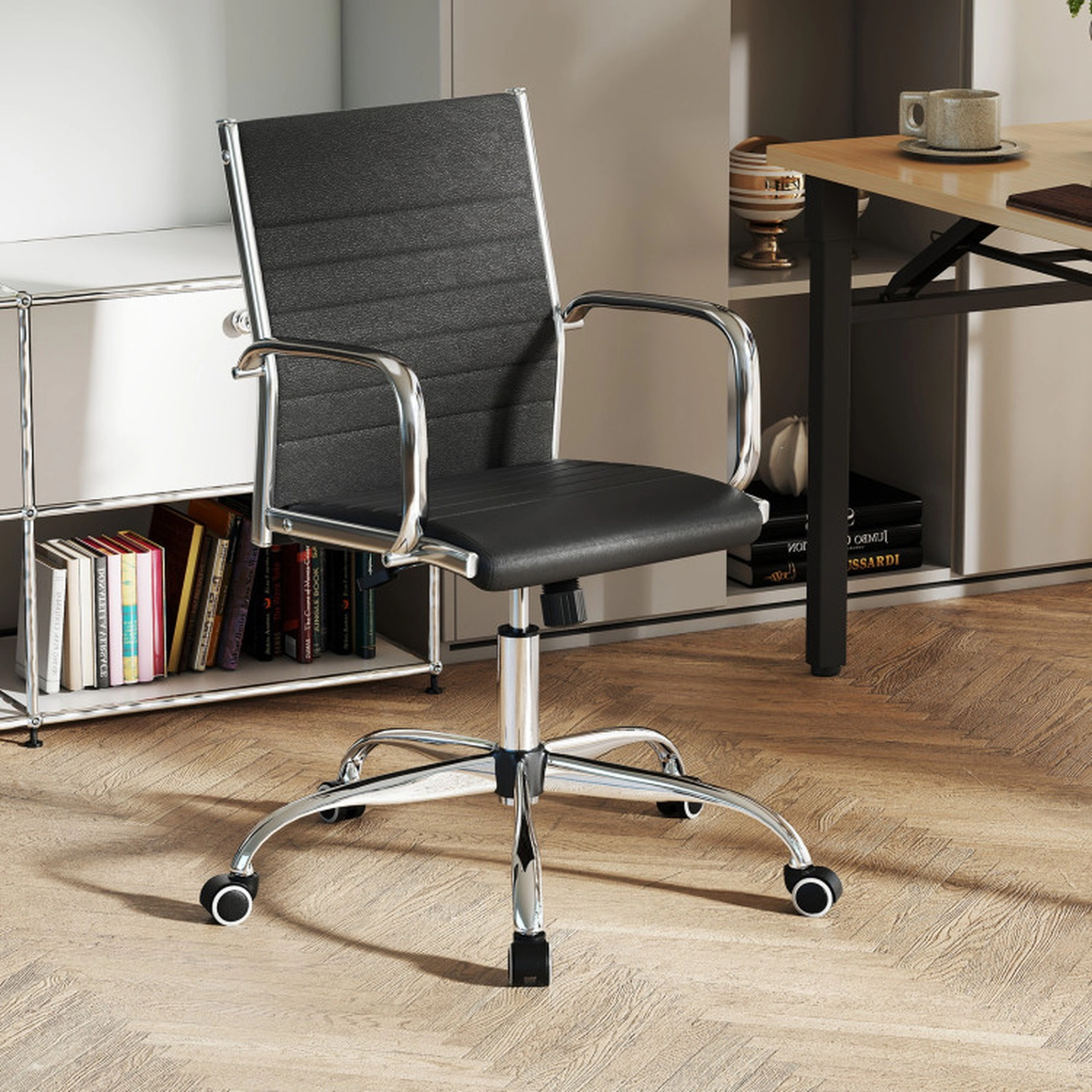 SUGIFT High Back Ribbed S-Shaped Backrest PU Leather Swivel Office Chair 23.5-in x 21.5-in x 35-in 330-lb Black