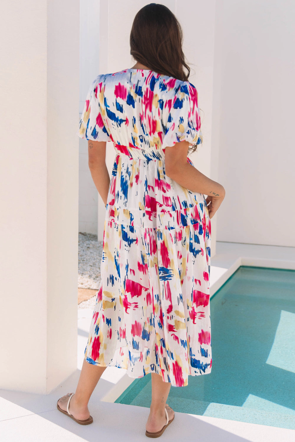 Threaded Pear Women's Nyomi Short Puff Sleeve Tiered Maxi Dress