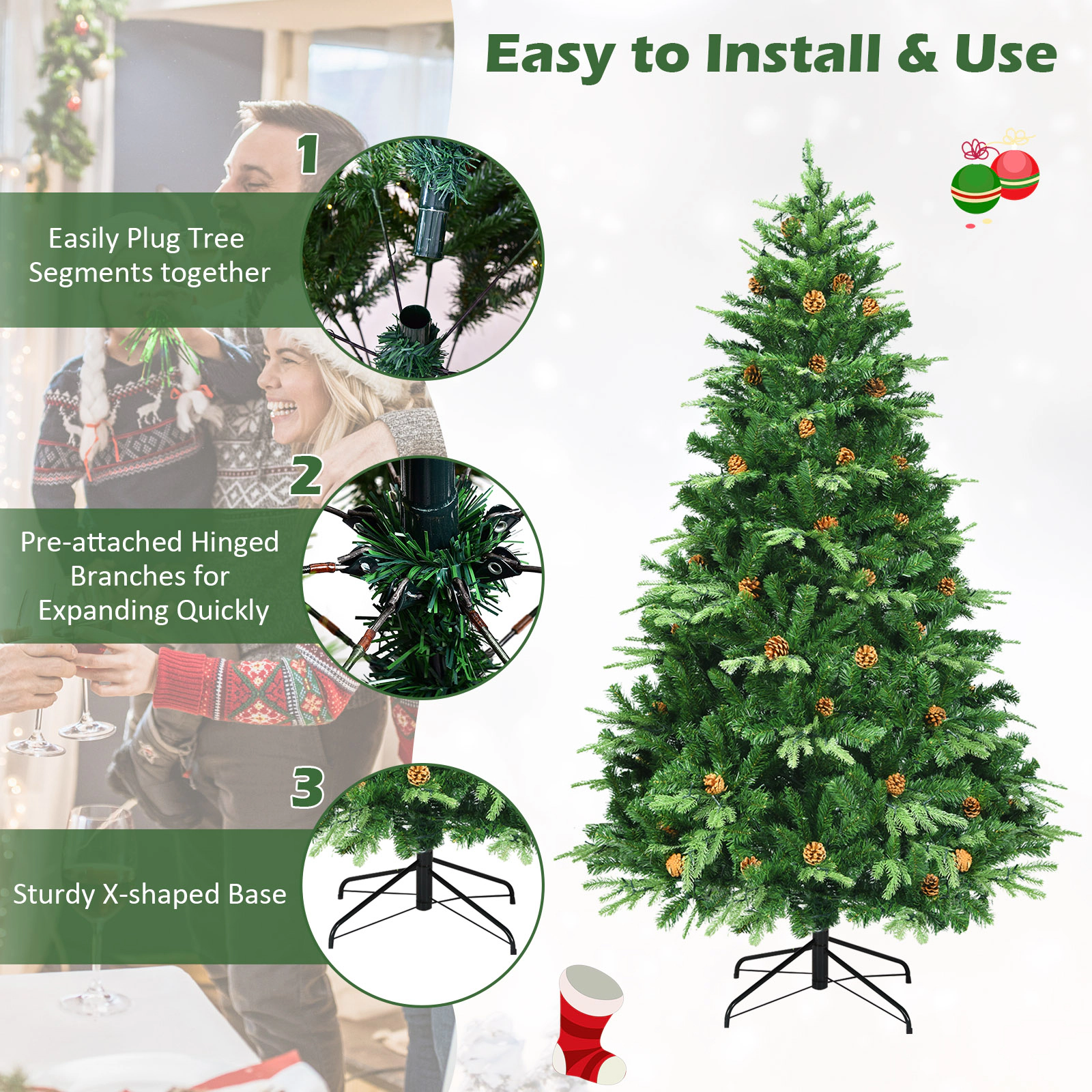 Glintex 7-Ft Pre-Lit Christmas Tree with 460 LED Lights and 61 Pine Cones, Green