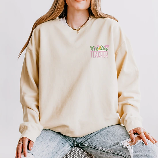 Simply Sage Market - Embroidered Teacher Flowers - Women's Lightweight Garment Dyed Sweatshirt
