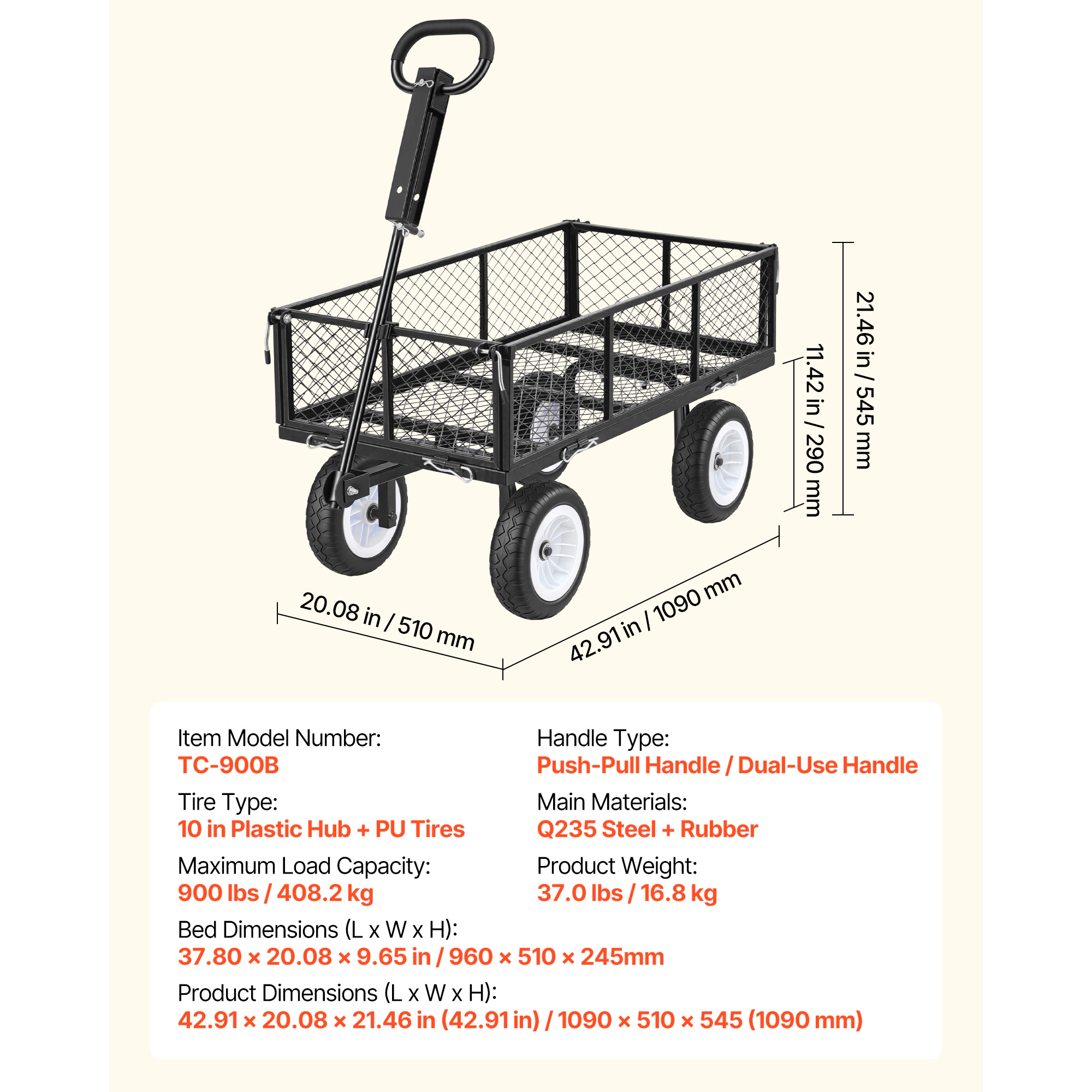 HONGGE Garden Cart 900 LBS Heavy Duty Steel Yard and Utility Wagon with 10-Inch Tires Outdoor Gardening Stool