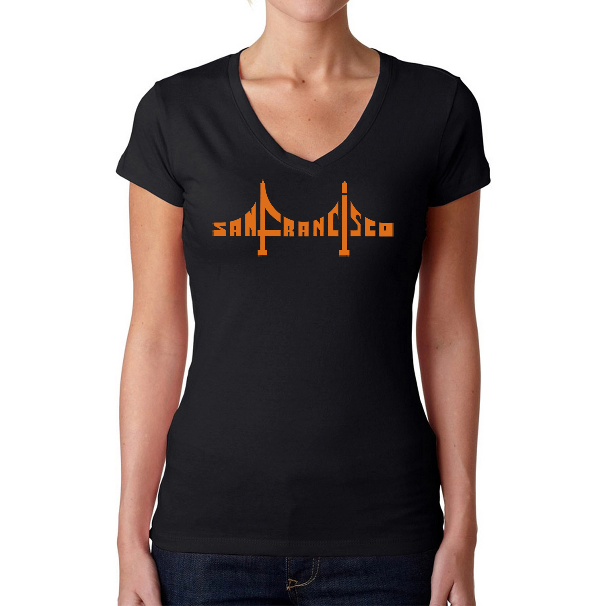 LA Pop Art Womens Word V-Neck T-Shirt - San Francisco Bridge