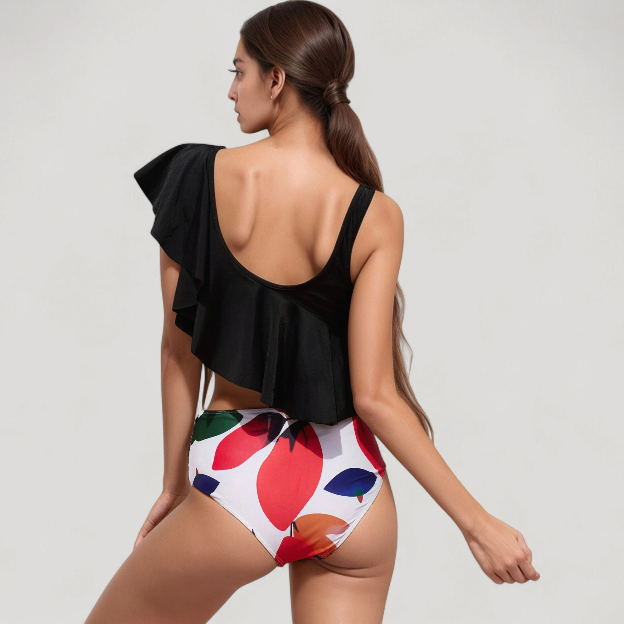 Anna-Kaci Women's One Shoulder Ruffle Bikini Top with High Waist Abstract Print Bottom