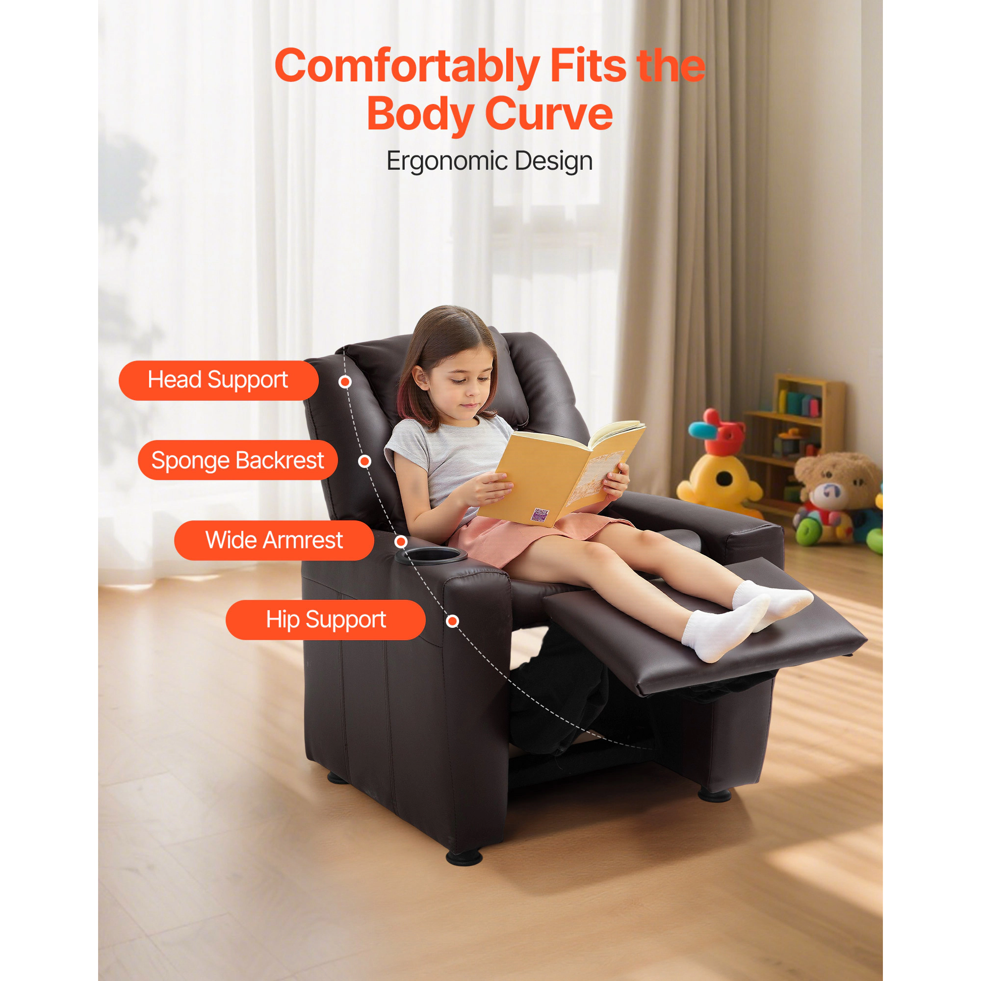 HONGGE Kids Reclining Chair Toddler Recliner with Cup Holder 101° to 121° Adjustable Backrest Easy-to-Clean PU Leather