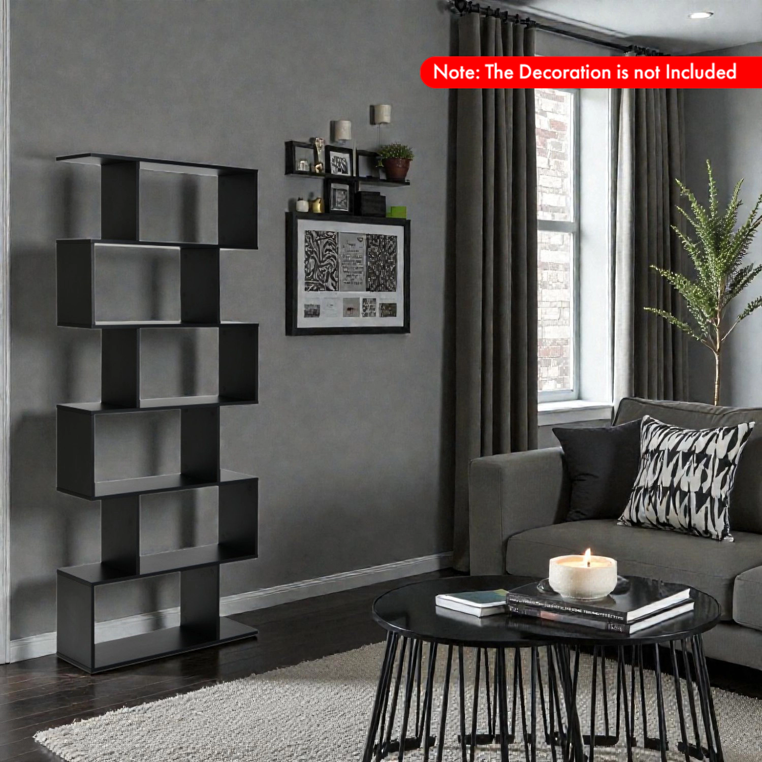 Hivvago Modern S-Shape Bookcase with 6 Spacious Display Shelves