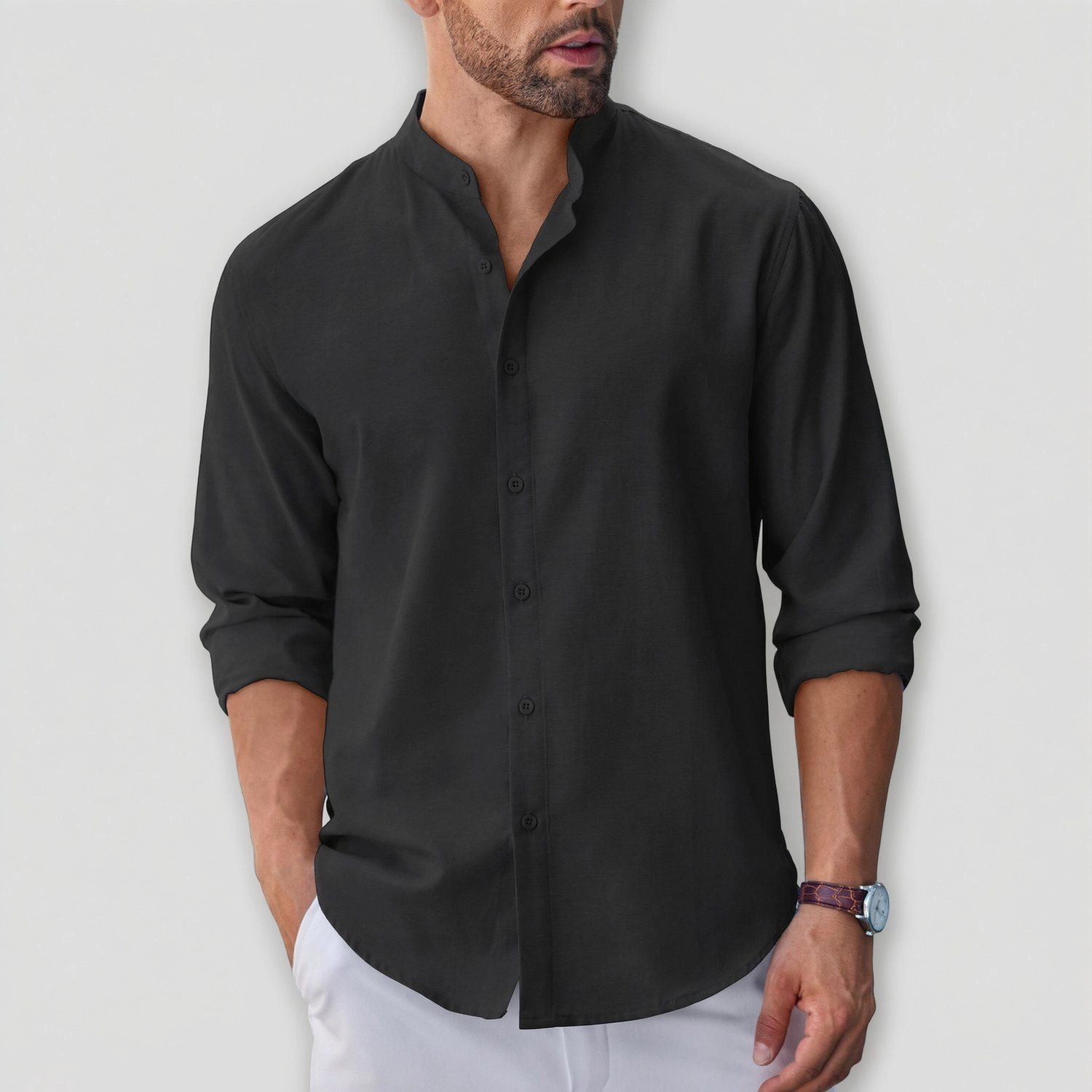 COOFANDY Mens Casual Long Sleeve Shirts Henley Band Collar Button Down Curved Hem