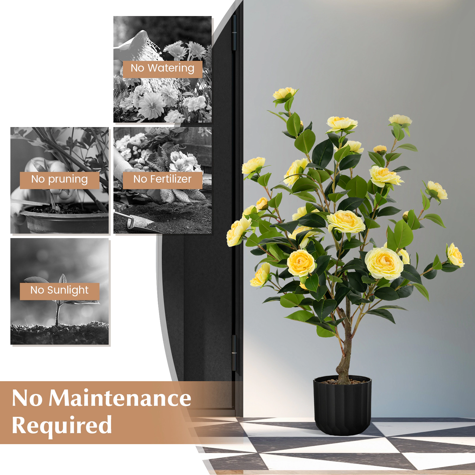 SUGIFT 38-in Artificial Yellow Camellia Tree with 24 Silk Blooms 186 Leaves and Pebble-Topped Pot