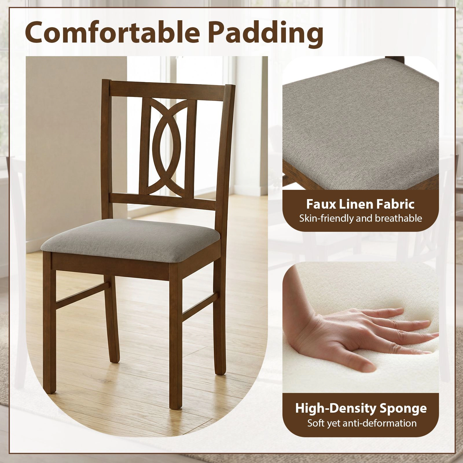 SlickBlue Upholstered Kitchen Dining Chairs, Walnut Rubber Wood Set of 2