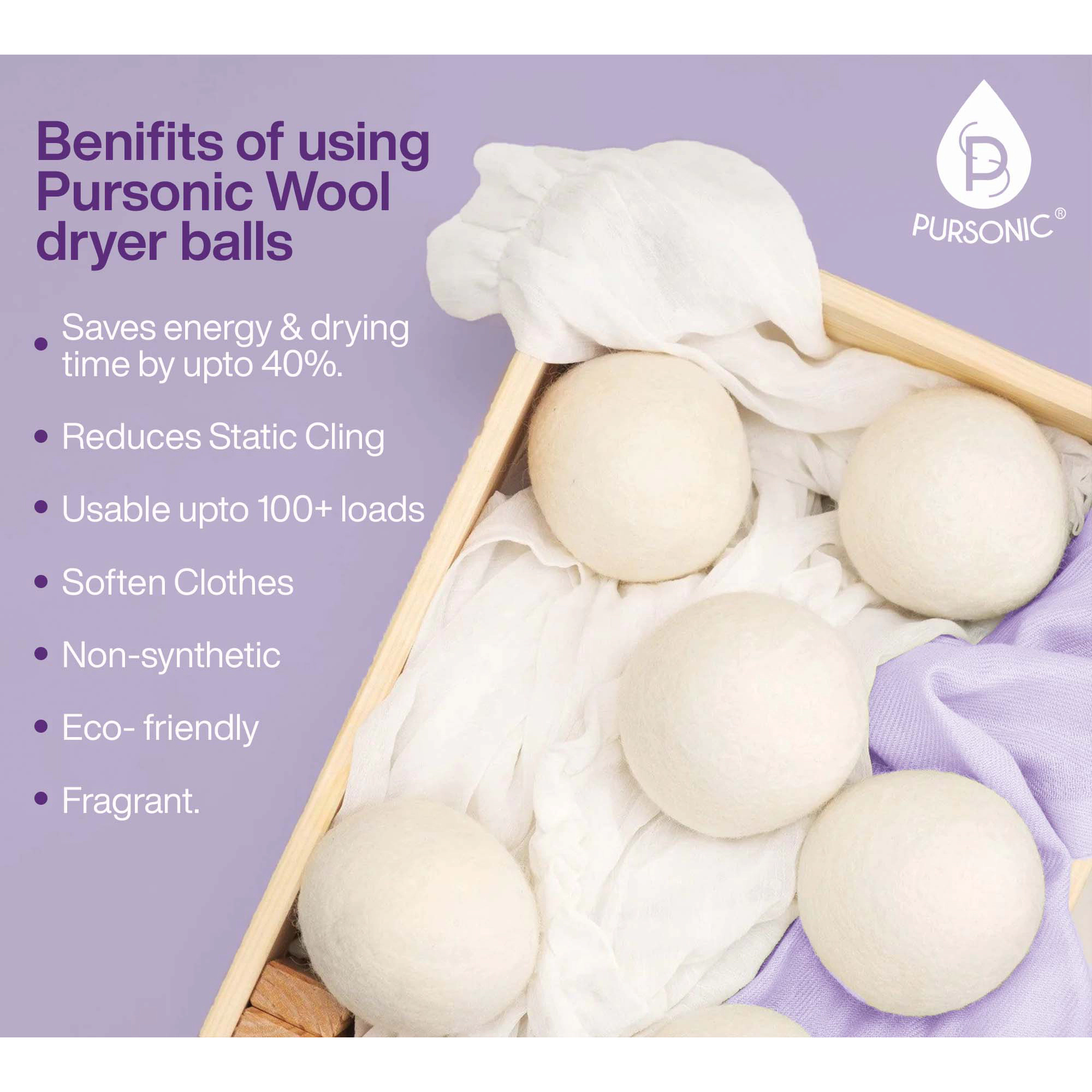 Pursonic Unisex 100% Pure New Zealand Wool Reusable Dryer Balls & Essential Oil Laundry Bundle
