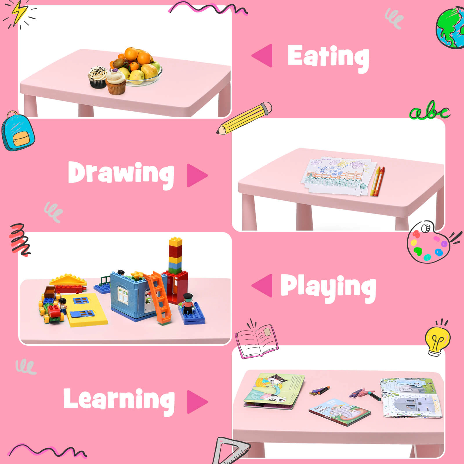 SUGIFT Toddler Multi Activity Play Dining Study Kids Table and Chair Set 110-lb Capacity Ages 1-7 Pink