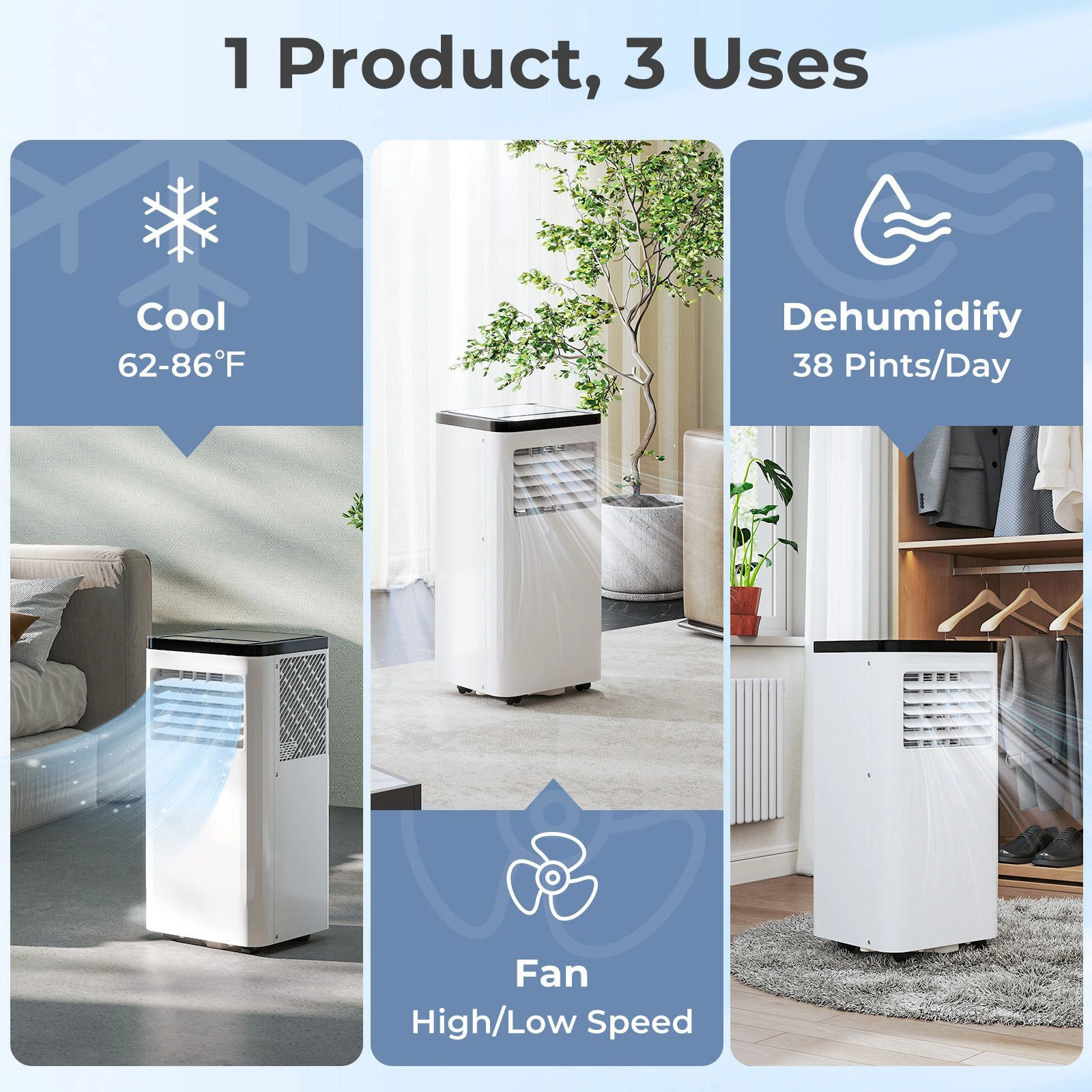 SlickBlue 3-in-1 Portable Air Conditioner with Remote and Timer