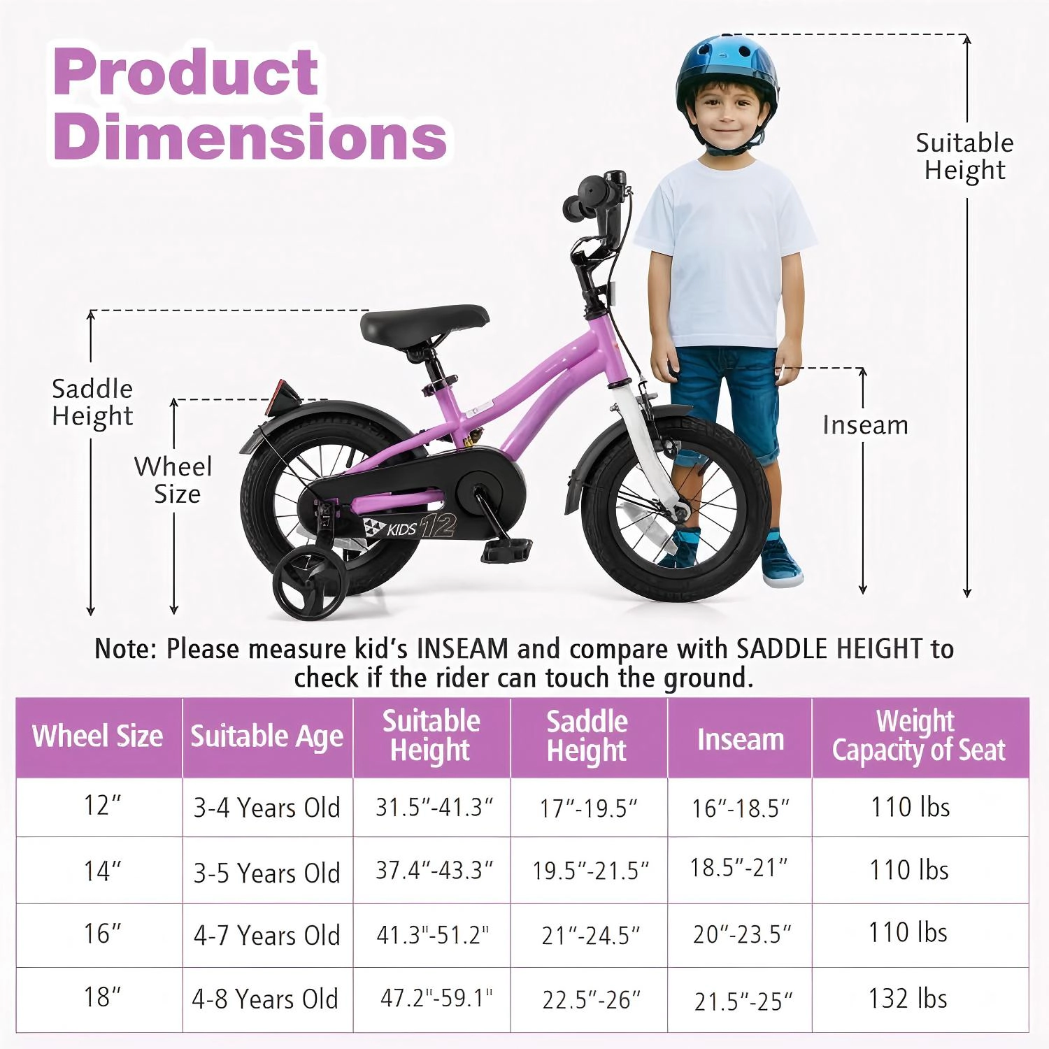 SUGIFT 12-Inch Kids Training Bicycle with Dual Brakes 110-lb Capacity Ages 3-4 Years Purple with Training Wheels