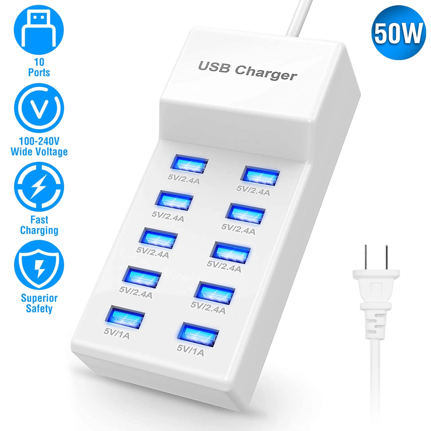 GBruno 10-Port 50W Fast Charging Station Hub