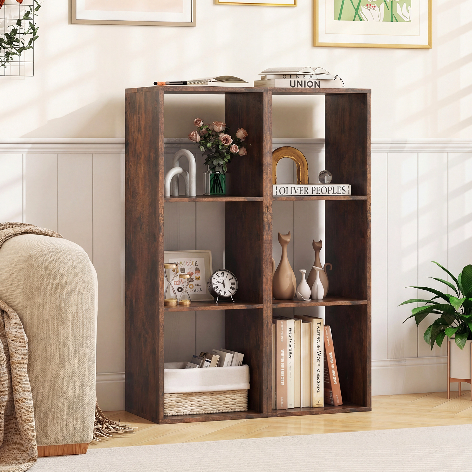 Costway 2PCS 3-Cube Bookshelf Modern Vertical Bookcase w/ Anti-tipping Kits Coffee