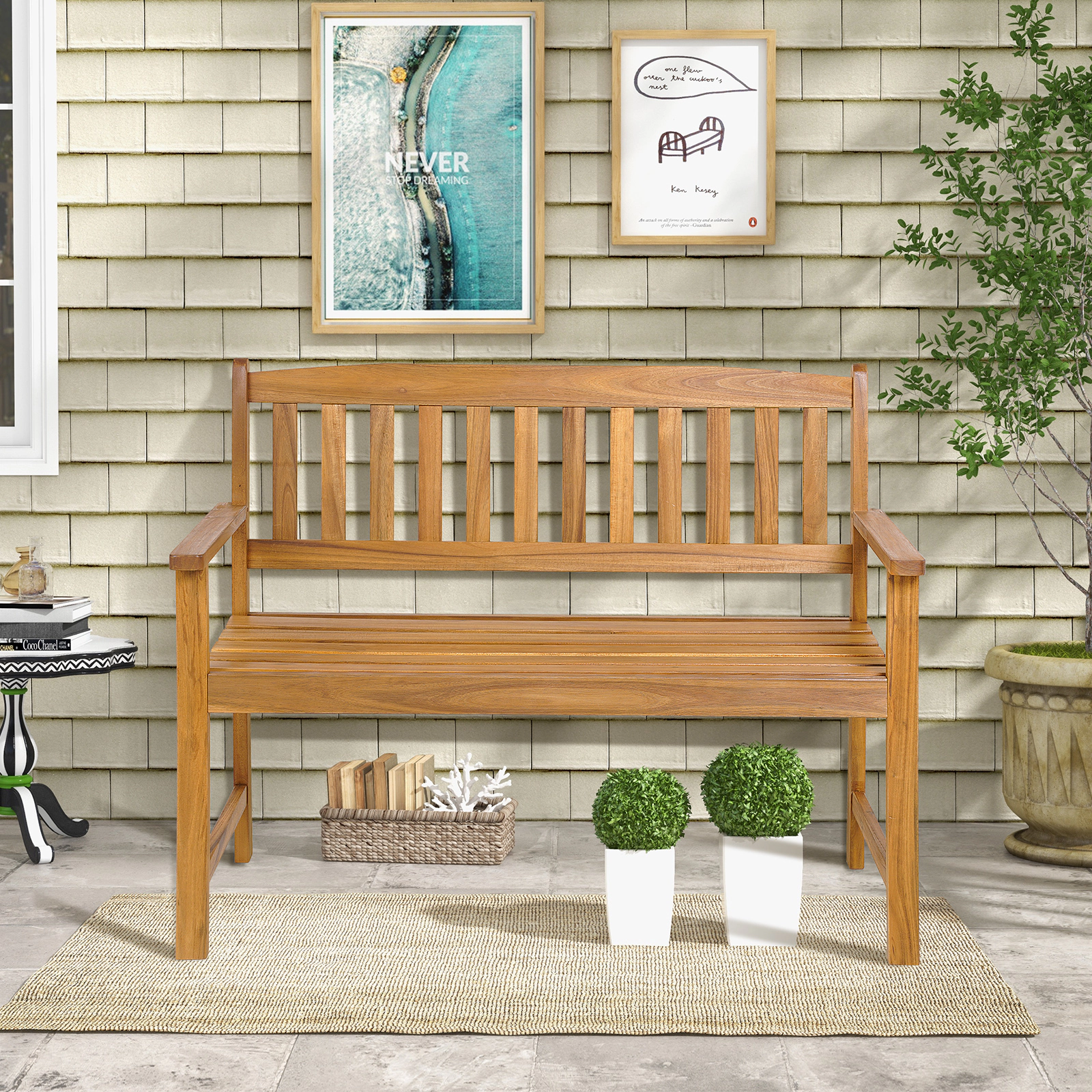 LJG 2-Person Patio Acacia Wood Bench with Backrest and Armrests