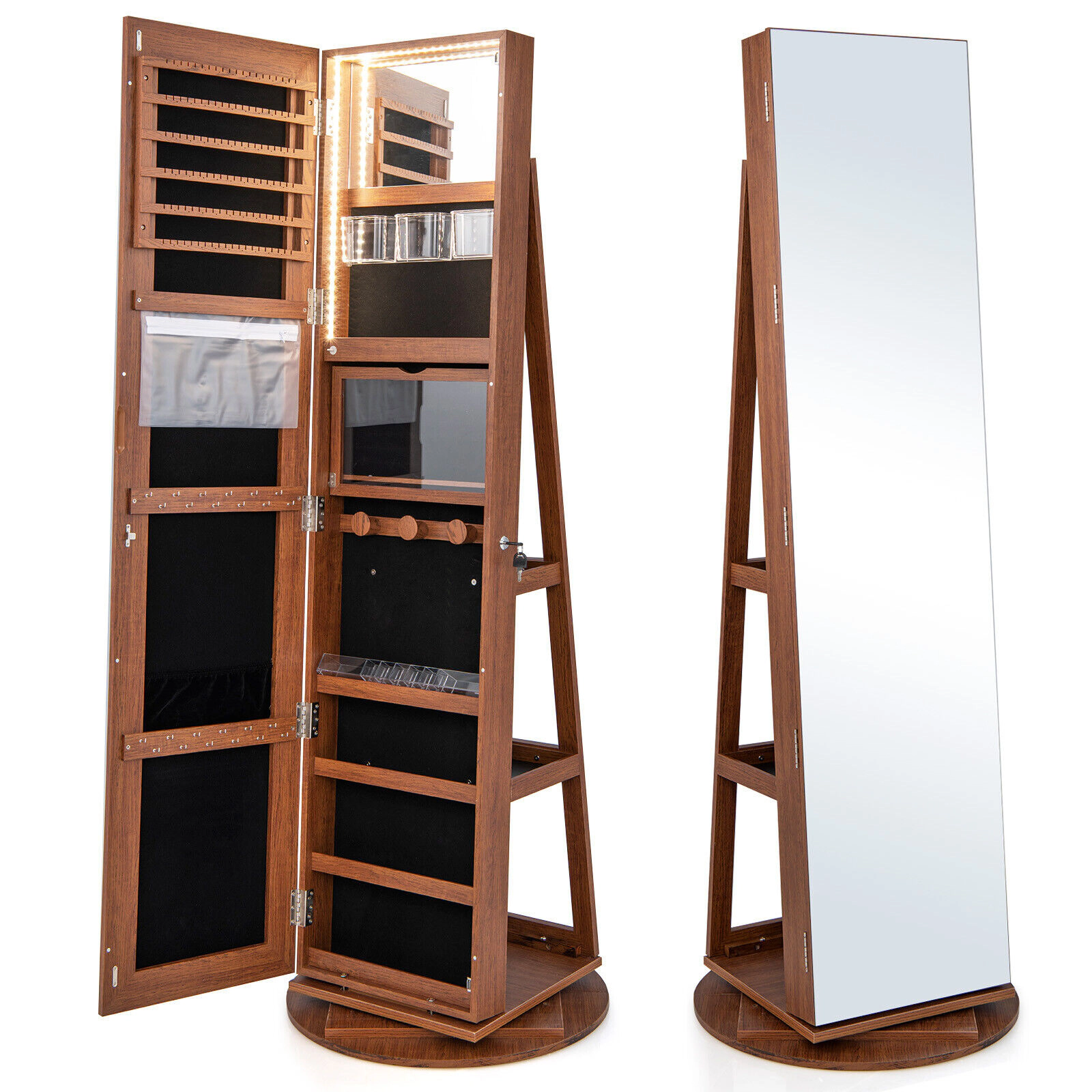 SUGIFT 360° Rotating Mirrored Jewelry Cabinet Armoire with 3-Color LED Interior Mirror Lockable 63.5-in Tall Dark Brown