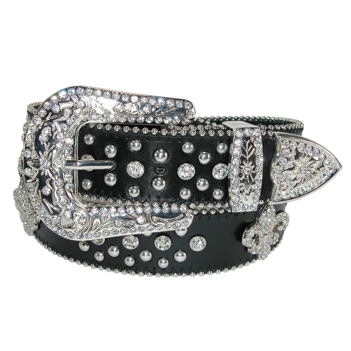 CTM Women's Fleur de Lis Studded Rhinestone Western Bling Belt