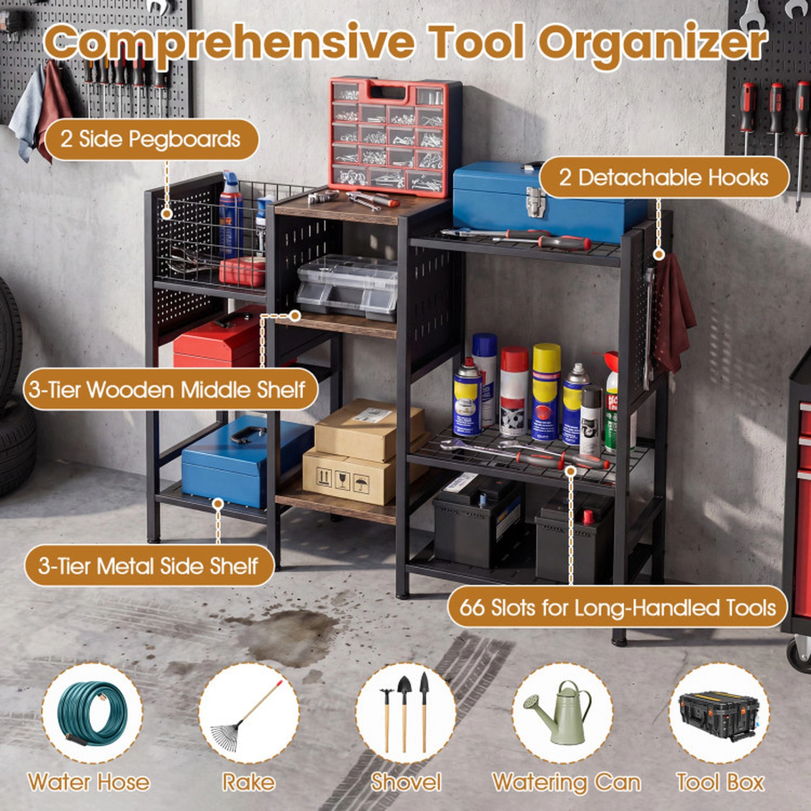 SUGIFT 40-in Wide Garden Tool Organizer with Metal Frame and Wooden Shelves 22-lb Tier Capacity Black and Rustic Brown