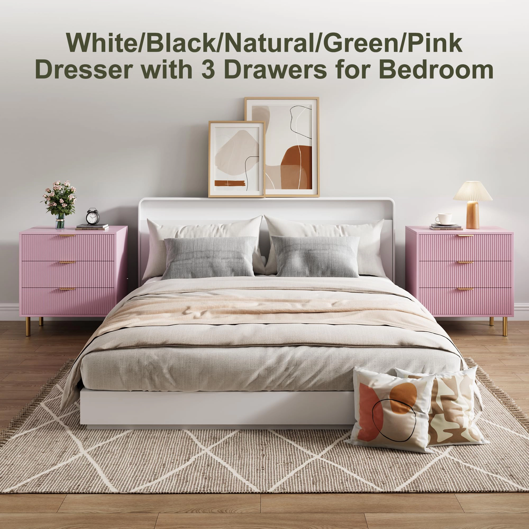 3 Drawer Fluted Dresser with Gold Handles & Metal Legs, Wooden Storage Chest for Bedroom Entryway