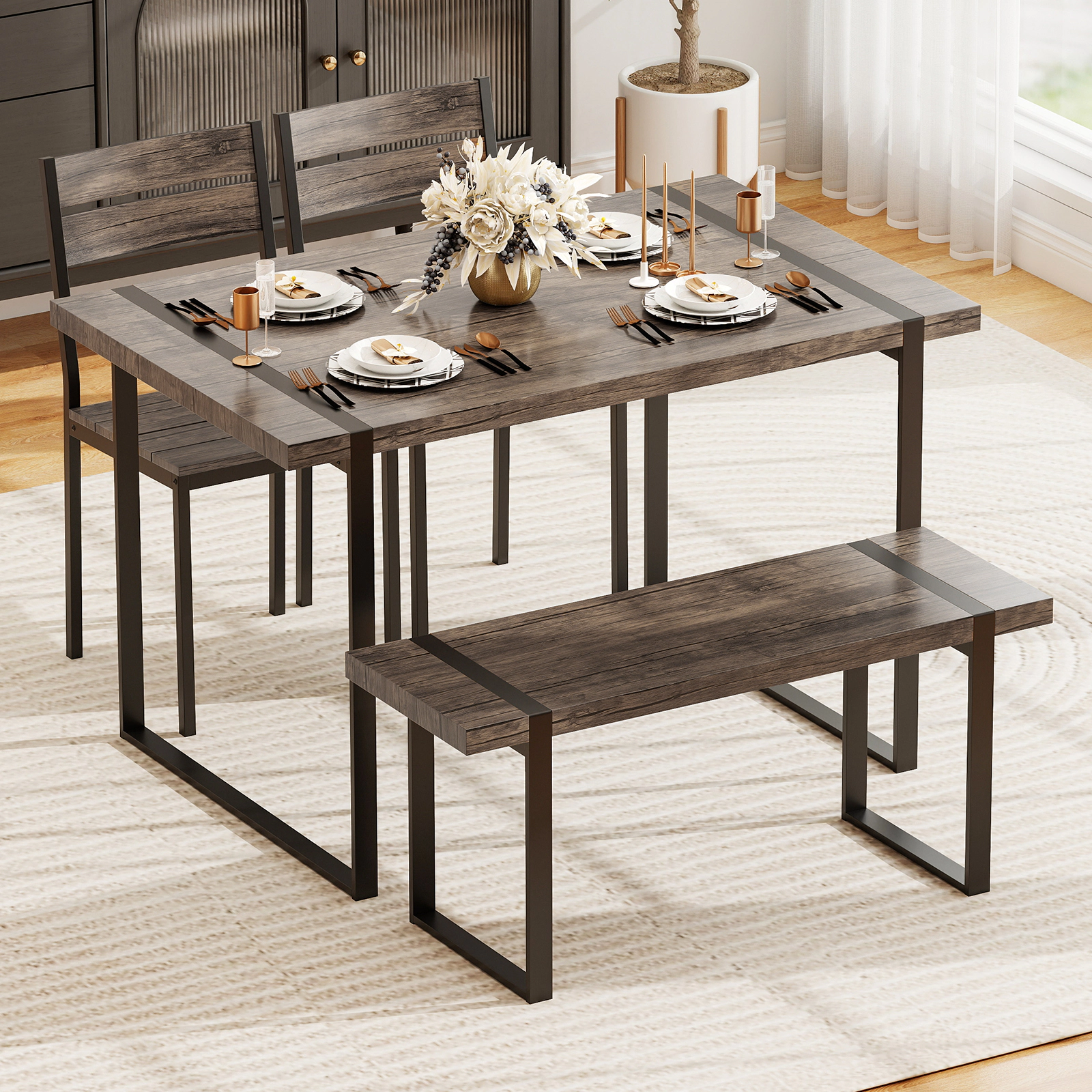 LJG 4-Piece Dining Table Set for 4 with 1 Bench and 2 Chairs