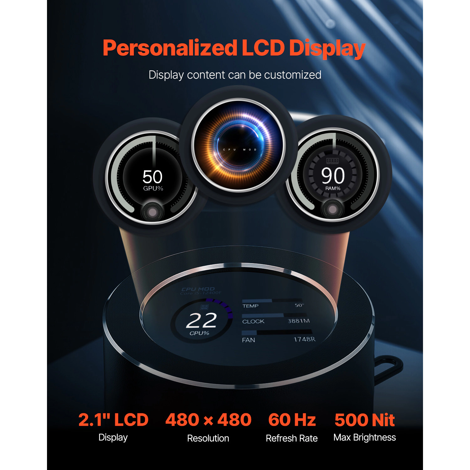 HONGGE CPU Liquid Cooler AIO CPU Water Cooler - PWN Fans & Pump Customizable Black PC Liquid Cooler with 2.1'' LCD
