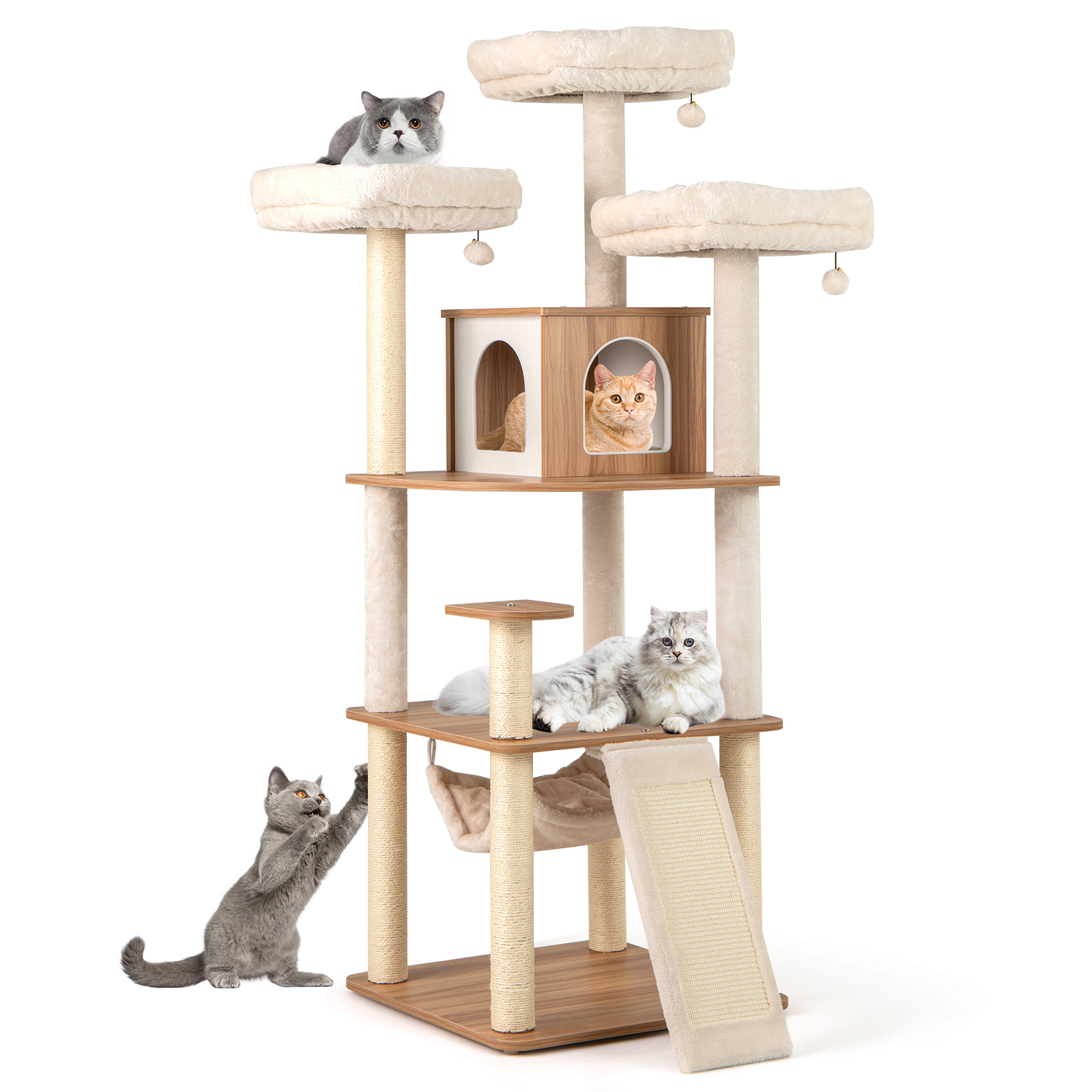 Glintex 68-Inch Cat Tree with 3 Padded Perches Dual-Hole Condo and Climbing Ladder, Natural