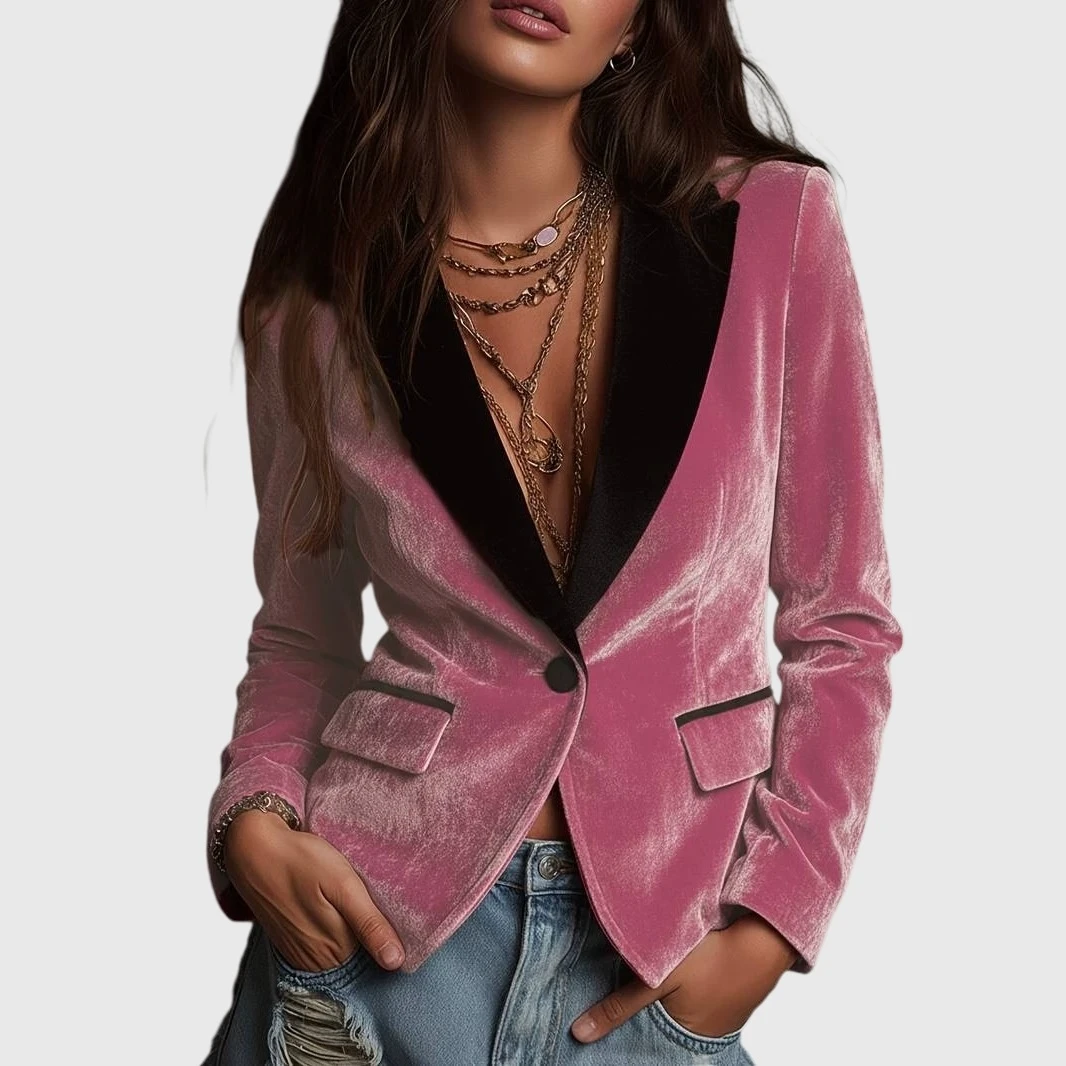 YesFashion Women's Contrast Lapel Velvet Blazer Single Breasted Fitted Suit Jacket