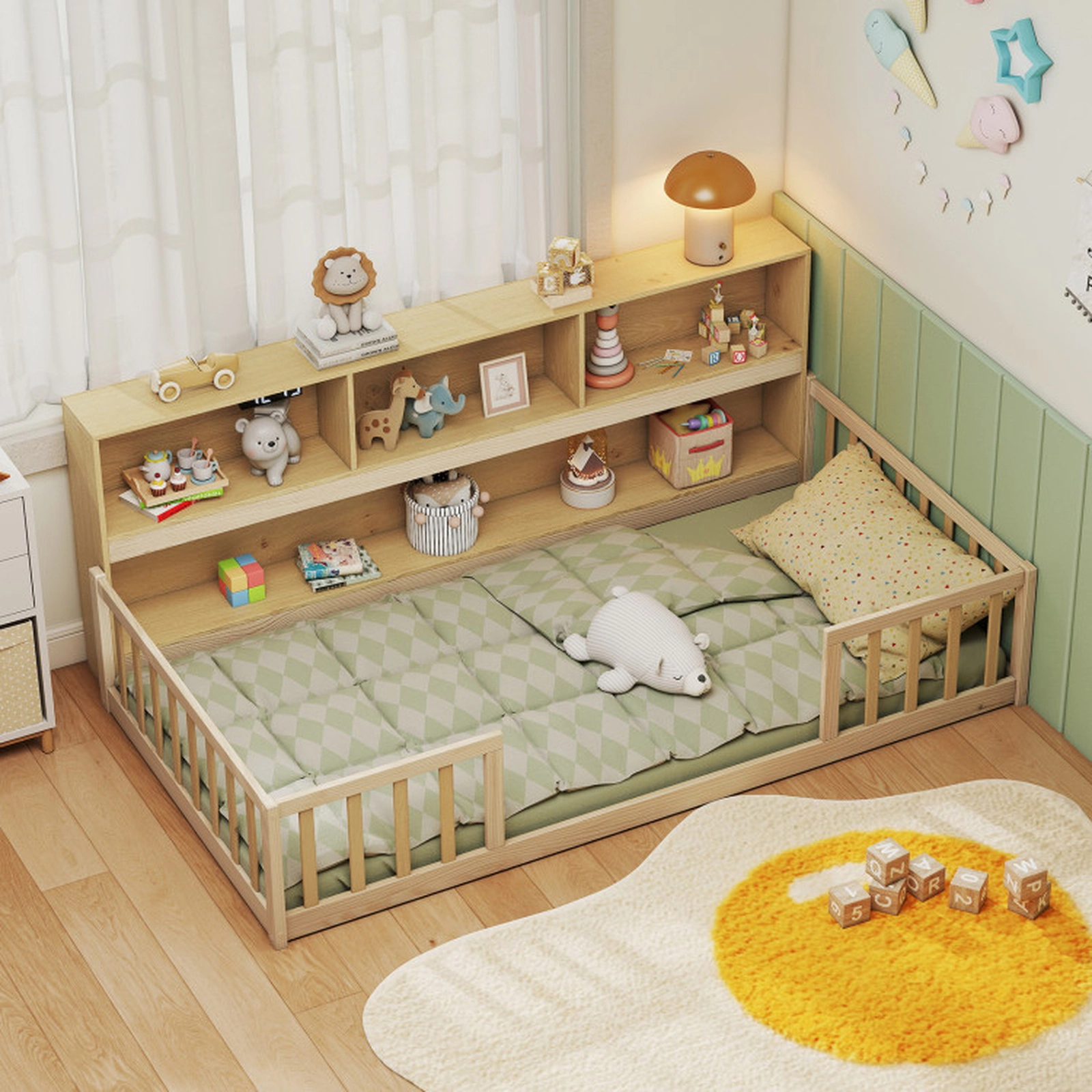 SUGIFT Montessori Floor Bed Integrated 76-in Bookcase & Fence Rails Twin Trundle Bed 44-lb Bookshelf Capacity Gray/White