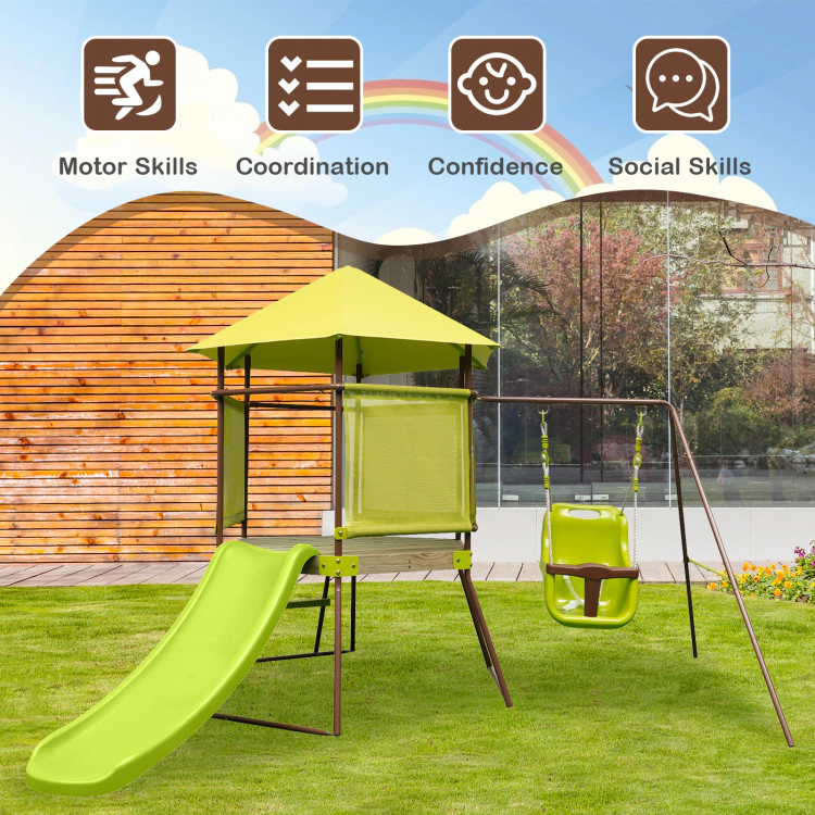 Hivvago 4-in-1 Swing Set with Covered Playhouse Fort and Height Adjustable Baby Seat