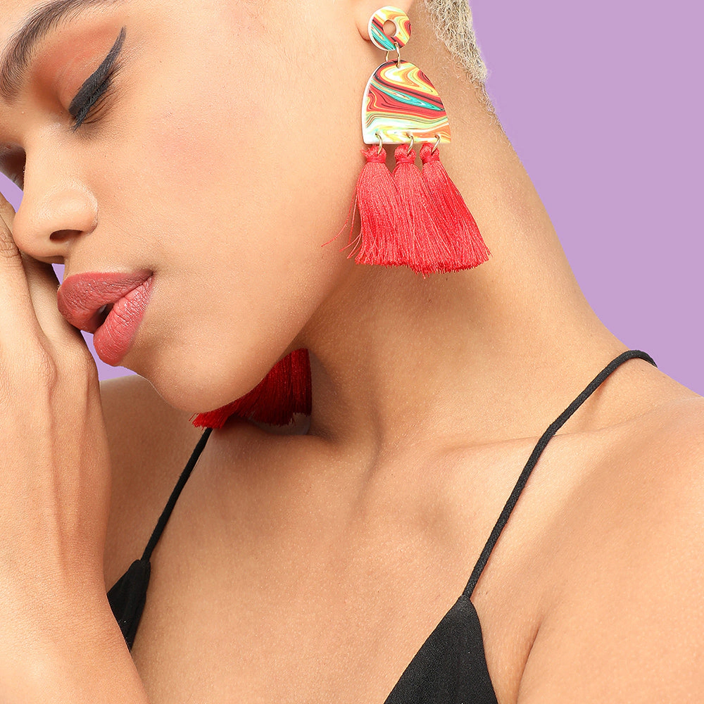 SOHI Women's Gold-Toned Red Tassel Drop Earrings