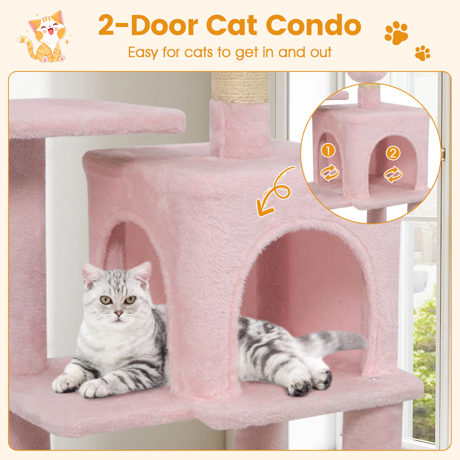 SUGIFT 44-in Pink Cat Tree Tower with 2-Door Condo Padded Top Perch Plush Hammock and Sisal Posts