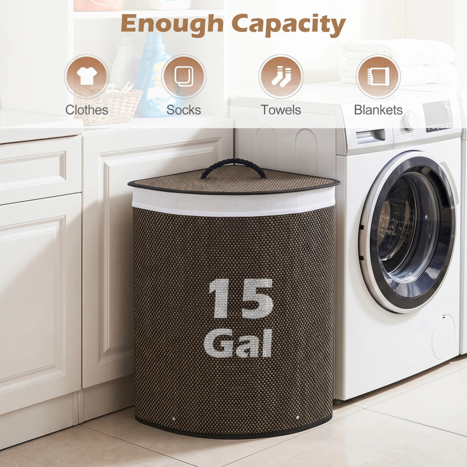 SUGIFT 15 Gal Bamboo Laundry Hamper with Removable Liner 22-lb Capacity 3-lb Lightweight Foldable Black