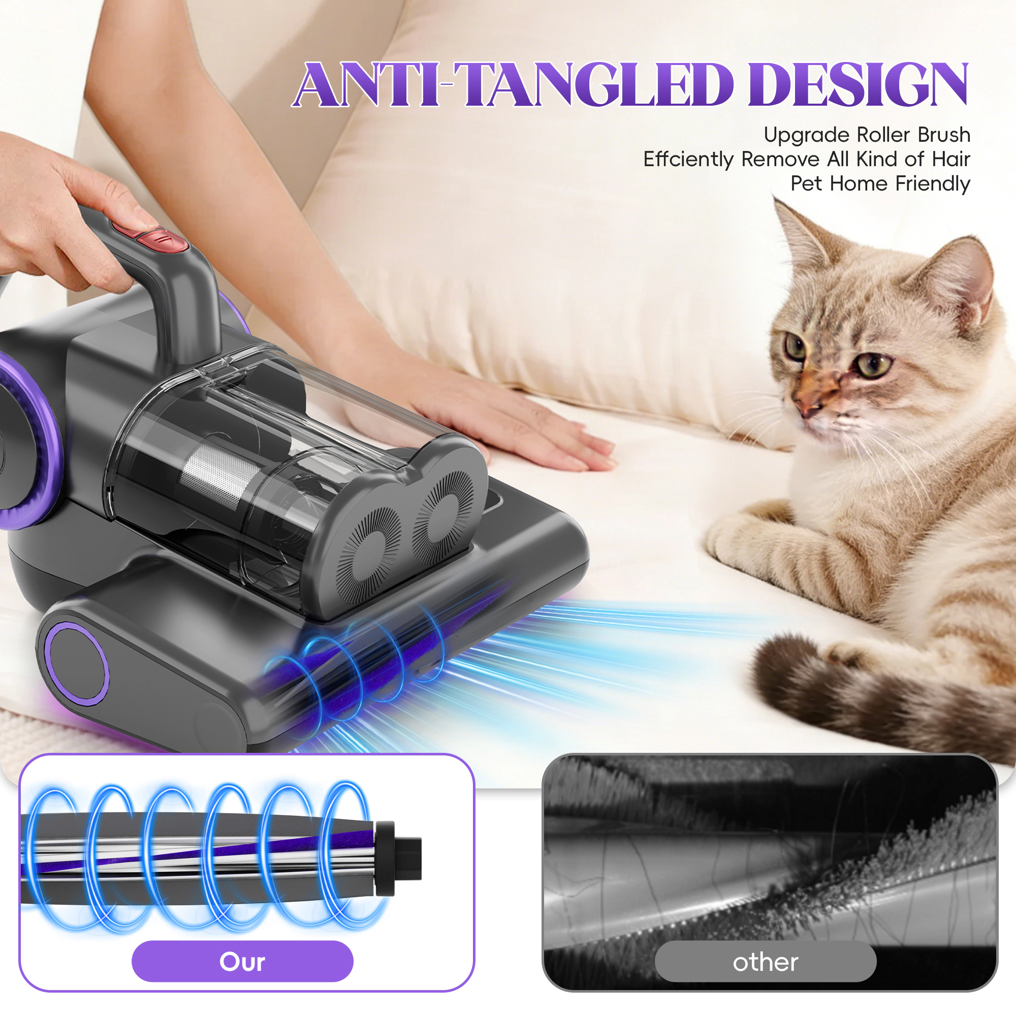WHALL - 4-in-1 UV Mattress Vacuum Cleaner, 21KPa Anti-Mite Bed Vacuum with Hot Air & LED Display
