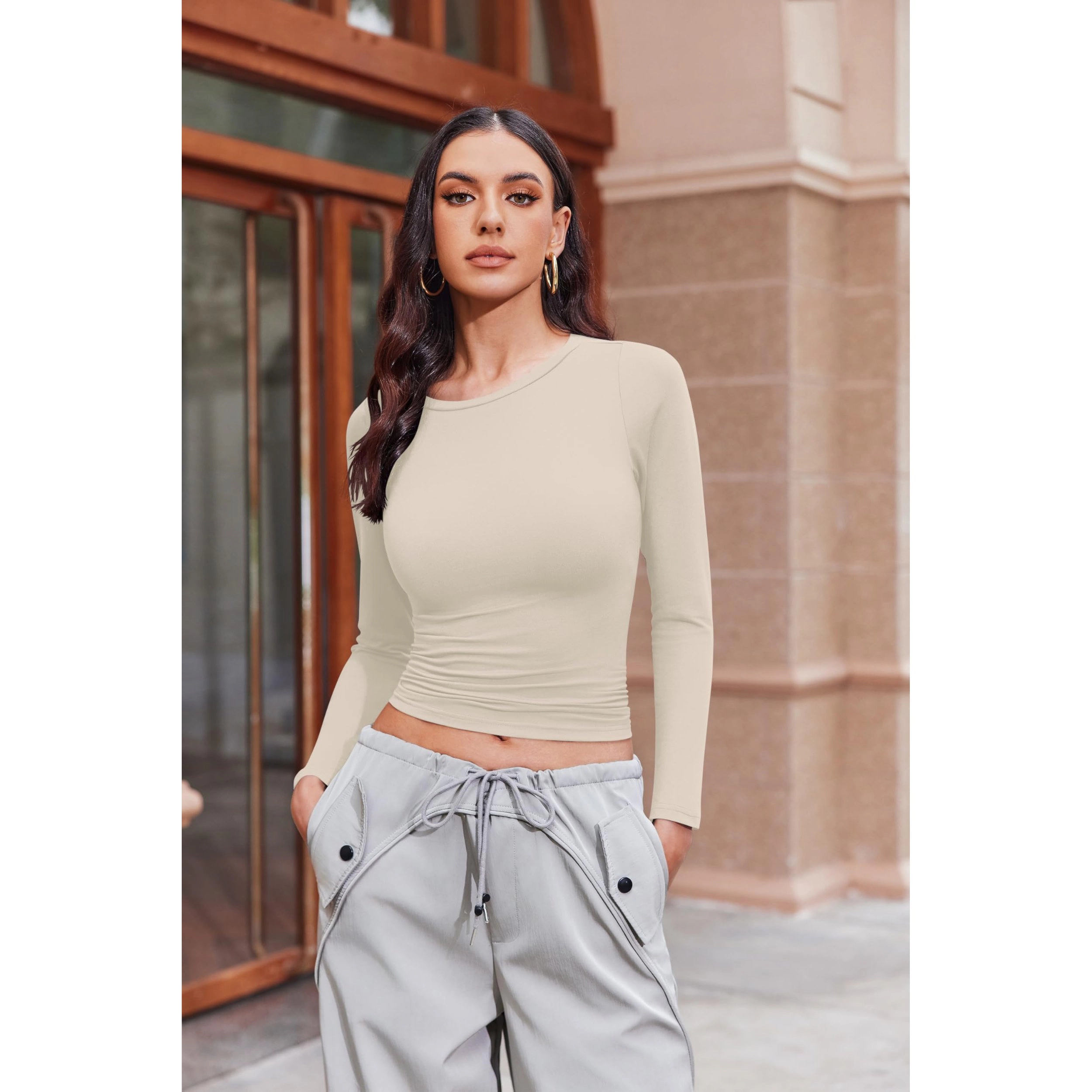 Ekouaer Women's Crew Neck Long Sleeve Thumb Hole Slim T-Shirt