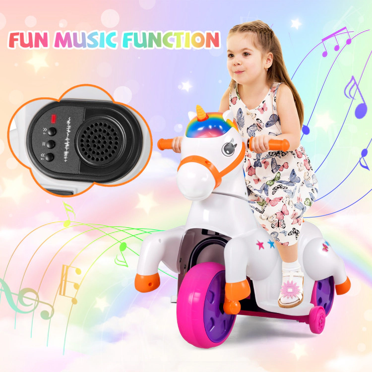 Hivvago 12V Unicorn Ride on Toy with Training Wheels and Horse Riding Mode