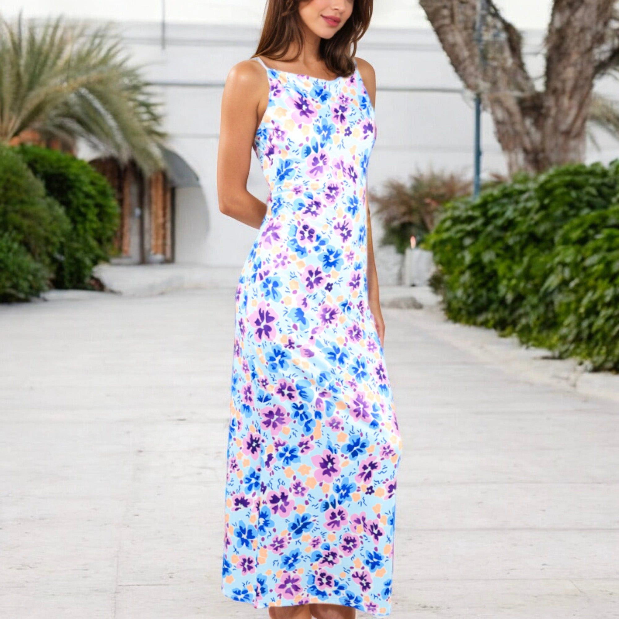 Anna-Kaci Women's Floral Print Spaghetti Strap Open Back Maxi Dress
