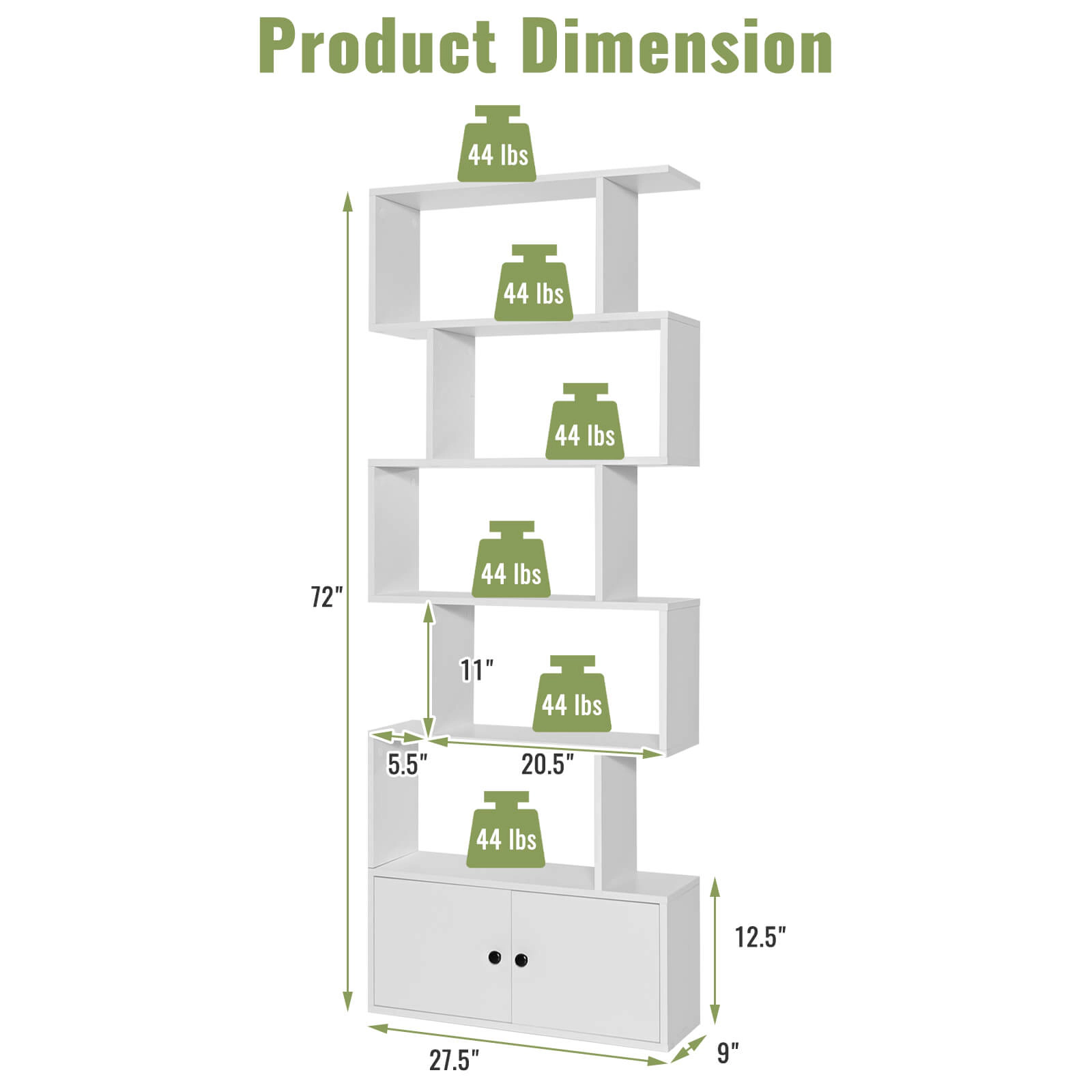 SUGIFT White 6-Tier S-Shaped Freestanding Bookshelf with Cabinet and Doors