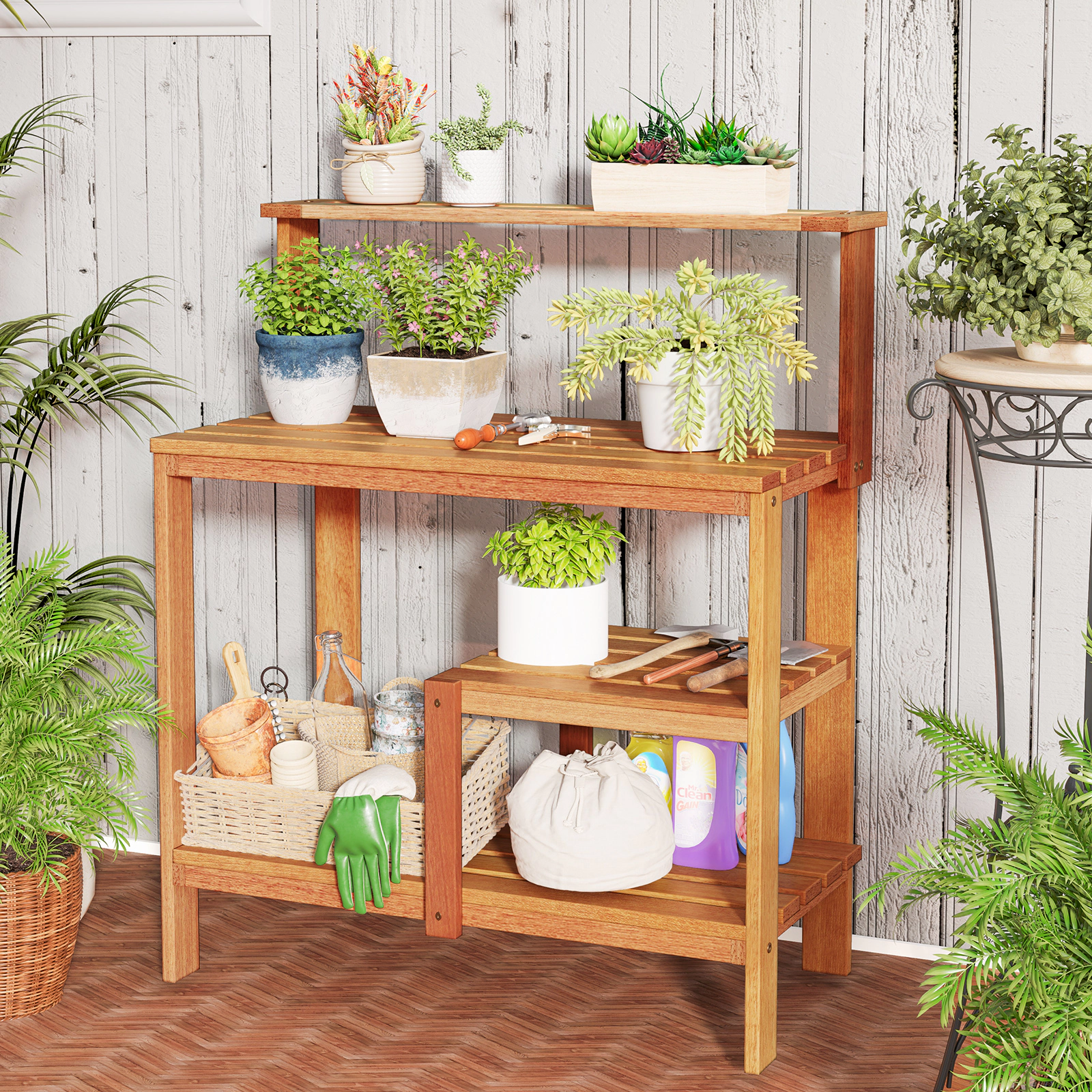 SUGIFT Natural Wood Potting Bench with 2-Tier Open Shelves 35.5-in W 19-in D 43-in H 33-lb Countertop Capacity