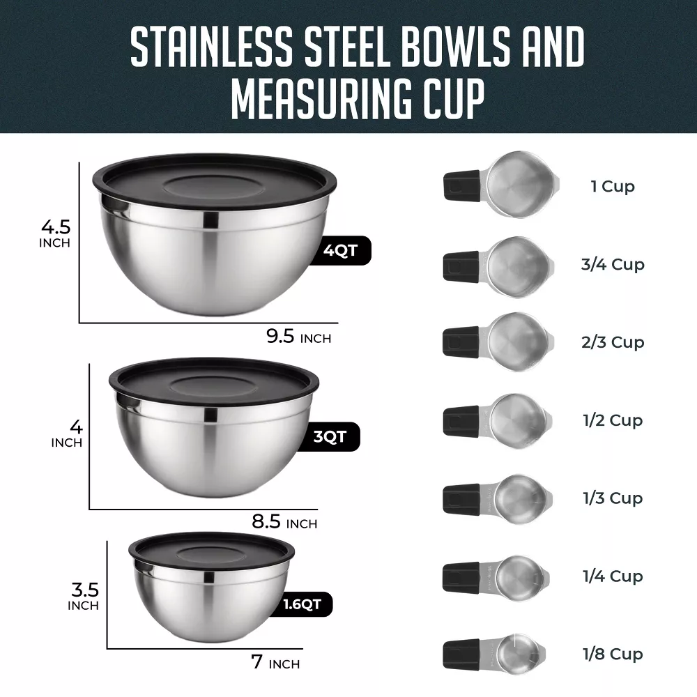 Luminuxe 10 Piece Mixing Bowls & Measuring Cups Set, Stainless Steel Mixing Bowl with Lids, Magnetic Measuring Cups