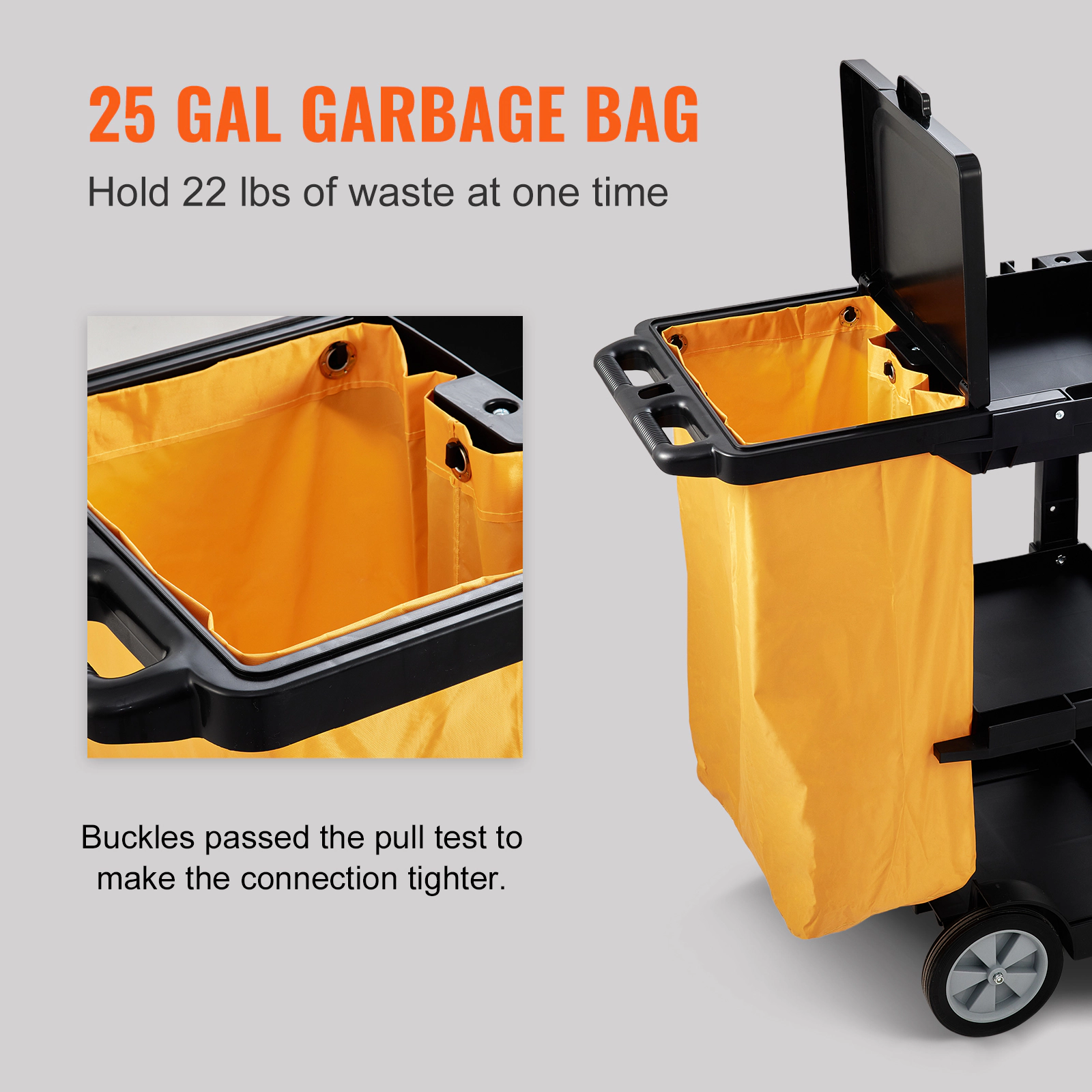 HONGGE 3-Shelf Commercial Cleaning Cart with Covered Trash Bag, 200 lbs Capacity, Rolling Janitorial Cart, Yellow