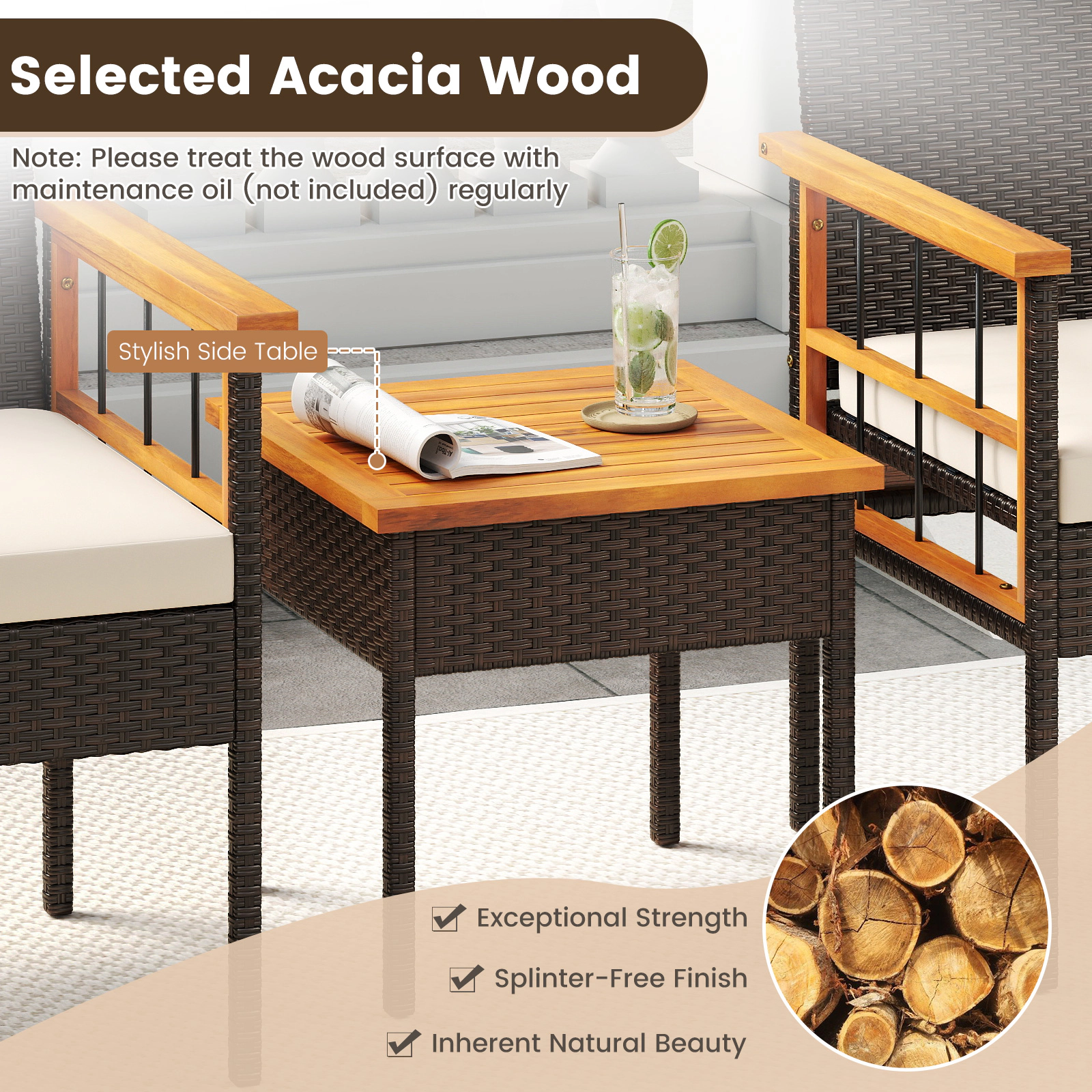 SUGIFT 3-Piece White Wicker Balcony Set with Acacia-Topped Side Table and Cushions