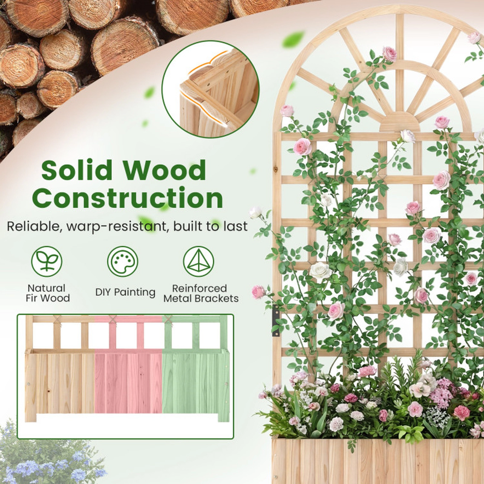 SUGIFT Natural Wood Raised Garden Bed with 71-in Lattice Trellis Privacy Screen 36-in W 12-in D 88-lb Box Capacity