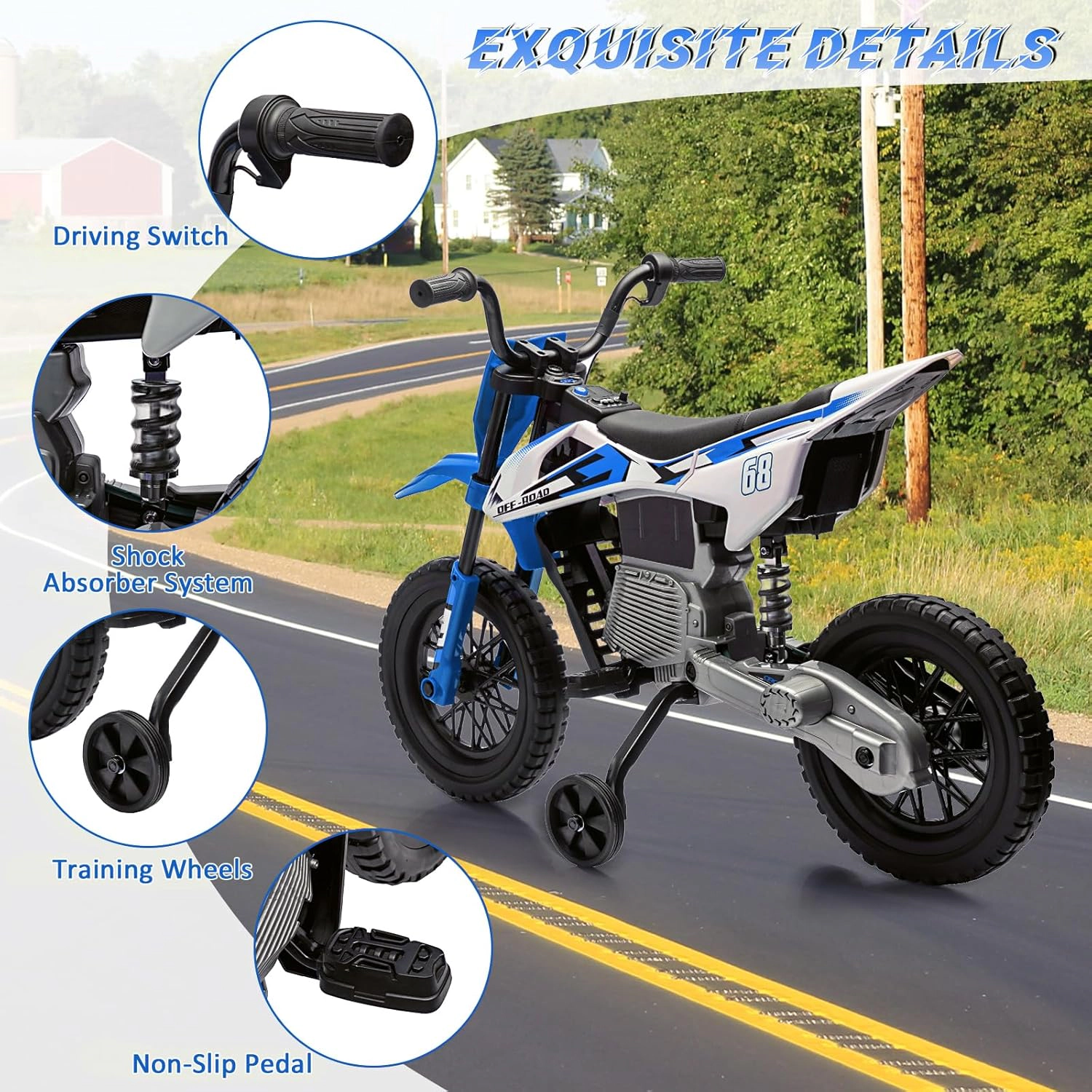 12V Kids Electric Motorcycle w/Training Wheels, Dirt Bike Ride On Toy w/Twist Throttle, Music, Suspension, 3 MPH Max
